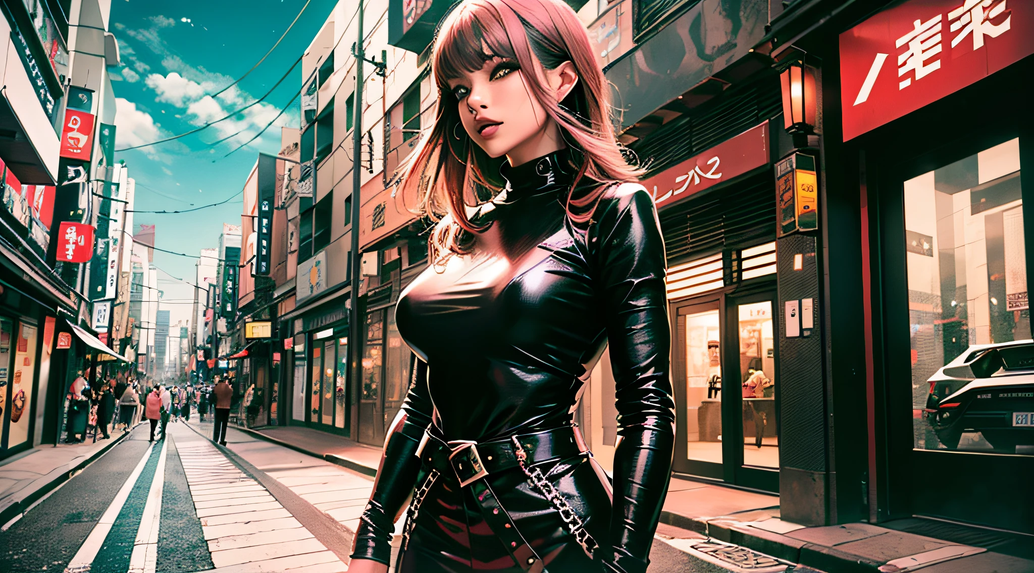 black pink ,garota com cabelos rosa olhos azul e um verde , ao fundo cidade japonesa a noite,ao lado de uma lamborghini