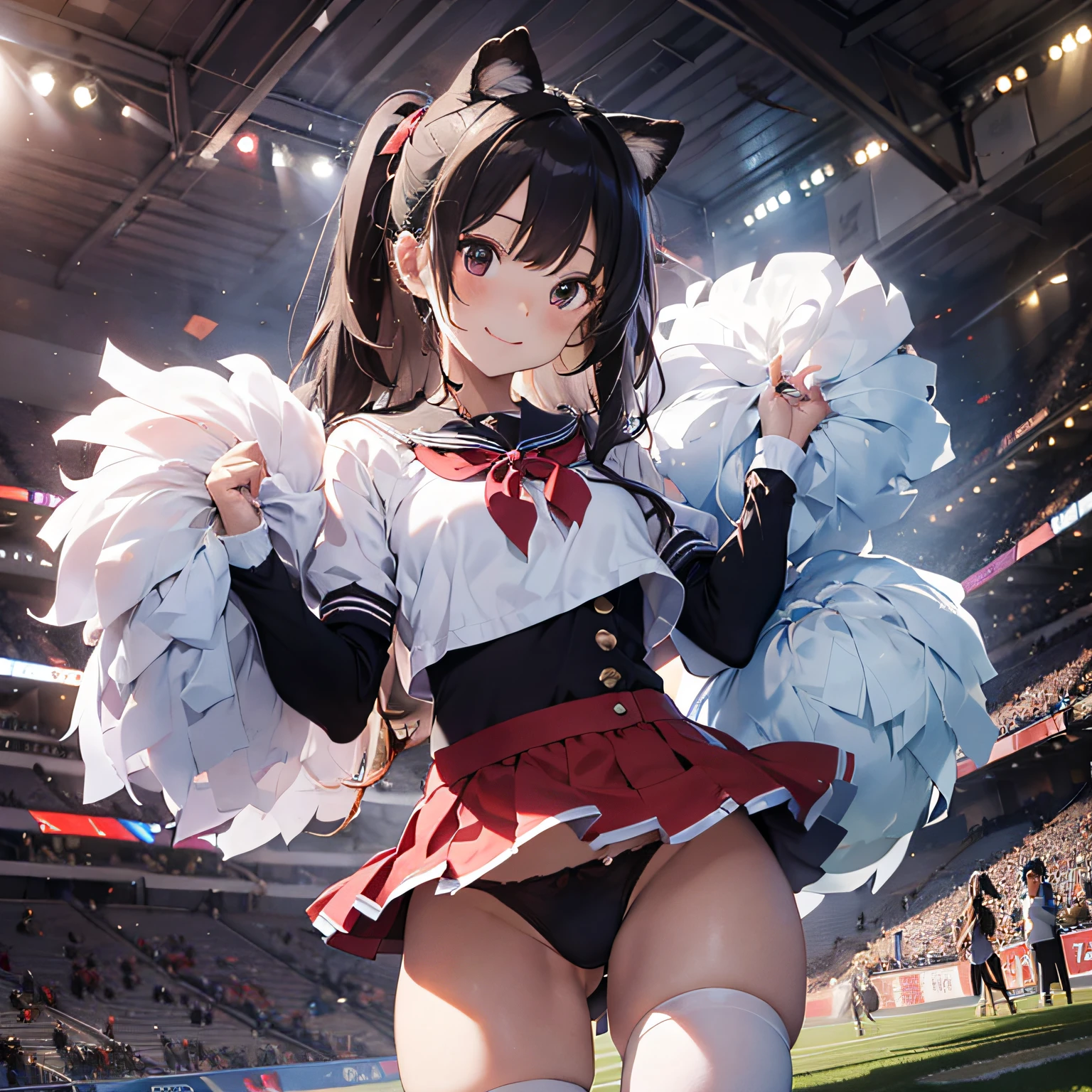 Ala Fed Asian cheerleader posing dynamically with large pom-poms in both hands in stadium、write、a closeup、cosplay foto、Anime Cosplay、tiny chest、Raw photography, top-quality, hight resolution, (masterpiece), (Photorealsitic:1.4), professional photograpy, foco nítido, nffsw, 8K分辨率, intricate detailes, depth of fields, the Extremely Detailed CG Unity 8K Wallpapers, front lit, girl with, beautiful supermodel, A smile、A slender、Mary Rose、Twin tail hair、Korean style uniform、Peeking from below、(skinny thigh)、White underwear is visible、Sun visor