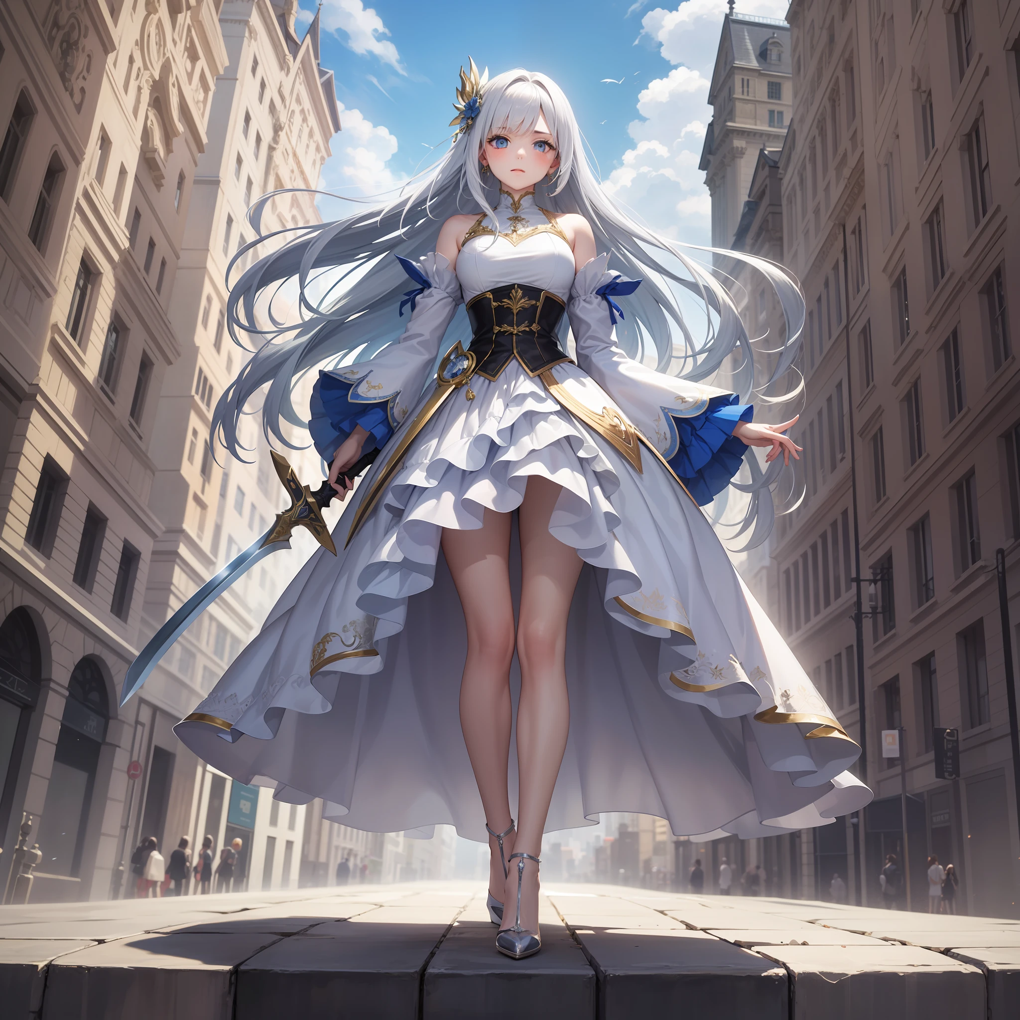 Silver-white girl with long hair，Dressed in a dress trimmed with white and gold，Stand on a towering building，Wear high heels，Sword in hand，（best qualtiy：1.4）， （A detailed：1.5）， （tmasterpiece：1.3），