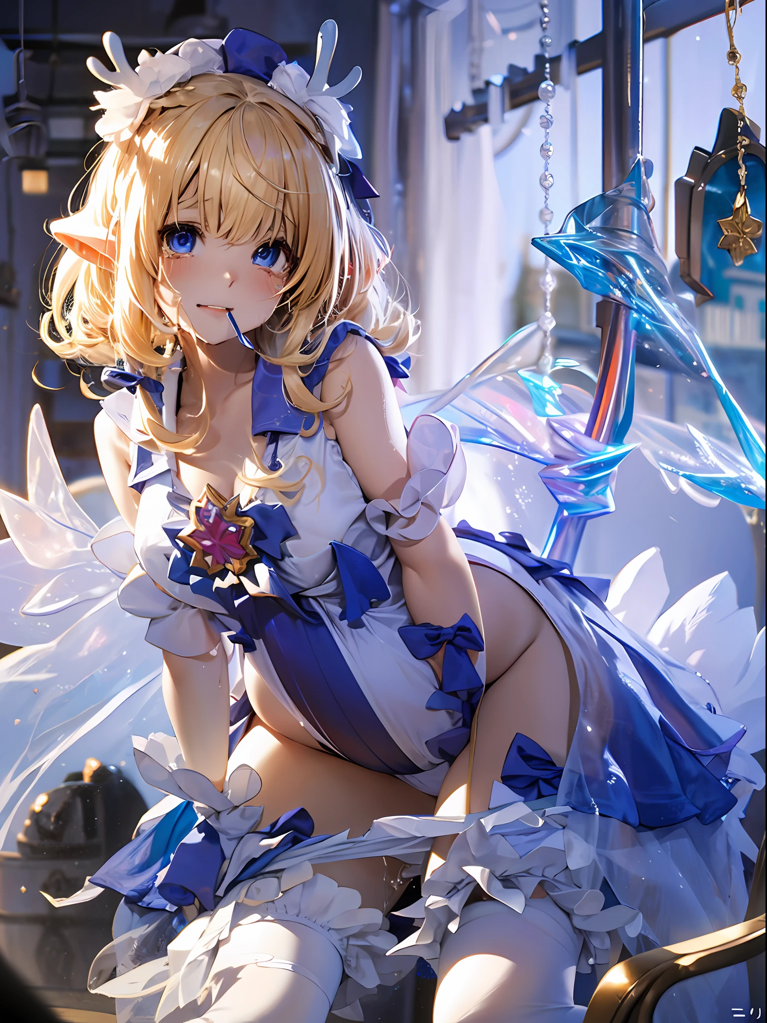 NSFW, Masterpiece, Best quality, hyper HD, Highest resolution, Very detailed, Professional lighting, Anime, One girl, Slender, Very cute, Young face, hands restrained, Armored dress, Blue and white armor, White panties, golden decorations, ripped clothing, Wet clothes, (Sheer clothes: 1.1), Fluffy breasts, Blonde hair, Blue eyes, Crying, with her mouth open, Tears, lying down, Open legs, raise leg, cleavage, (multiple goblins: 1.5), Pregnant belly,Pregnant belly