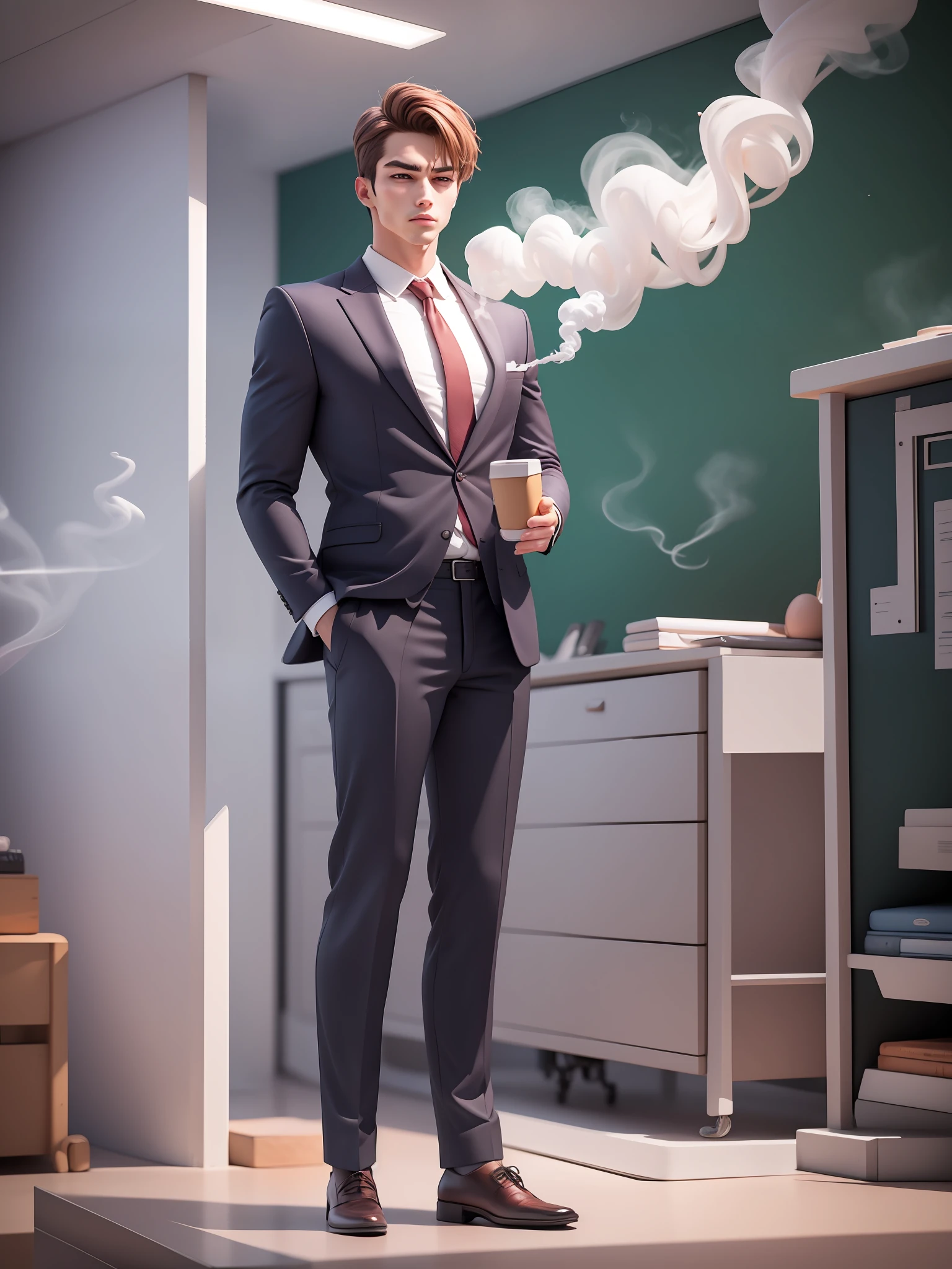 Business suit，schoolboy，Handsome，short detailed hair，smokes