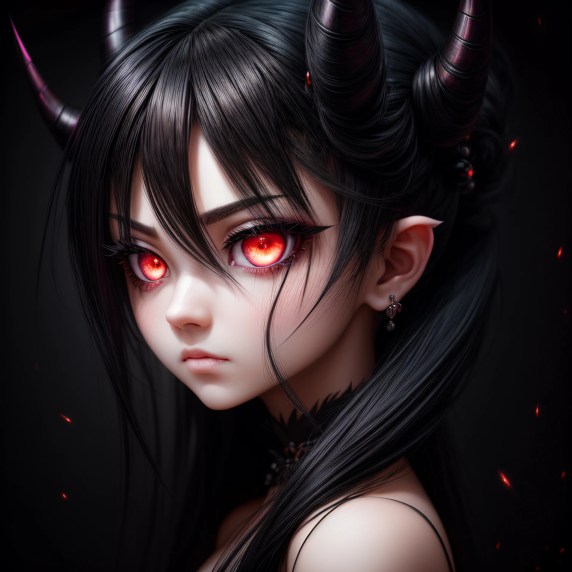 black hair, hair bobbles, longeyelashes, ear blush, asymmetrical hair, messy hair, demon horns, empty eyes, constricted pupils, crazy, sad, skin fang, evil, Surrealism, drop shadow, anaglyph, stereogram, tachi-e, pov, atmospheric perspective, chiaroscuro, move chart, f/4.0, 35mm, wide shot, 8k, super detail, ccurate, best quality, UHD, masterpiece, ccurate, textured skin, super detail, high details, high quality, award winning, best quality, highres --auto