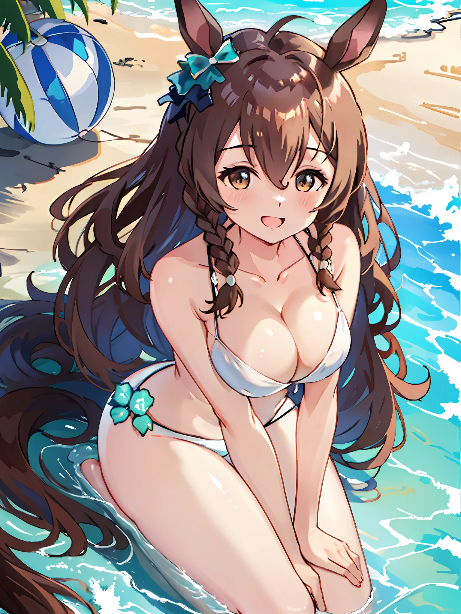 Mejiro_Bright_(Umamusume), 1girl in, Solo, Umamusume, Horse Girl, Horse ears, (Horse tail:1.2), Brown eyes, Brown hair, Long hair, lightsmile, ear bow, Beautifully shaped breasts,Happy smile,girlfriend,(White Bikini:1.5),summer vacation,private beach,Perfect Anatomy,From  above,Kneeling,flipflops,beach balls