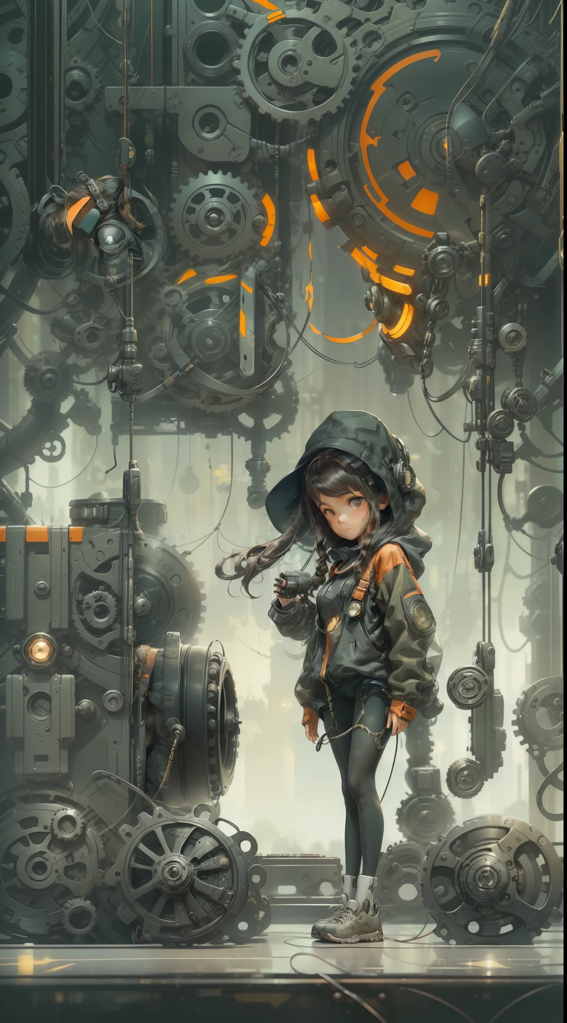 (cute girl:1.2, techwear clothes, mechanic spider, cables, gears, circles, fractals, ArtStation, CGSociety, art by Pascale Campion)