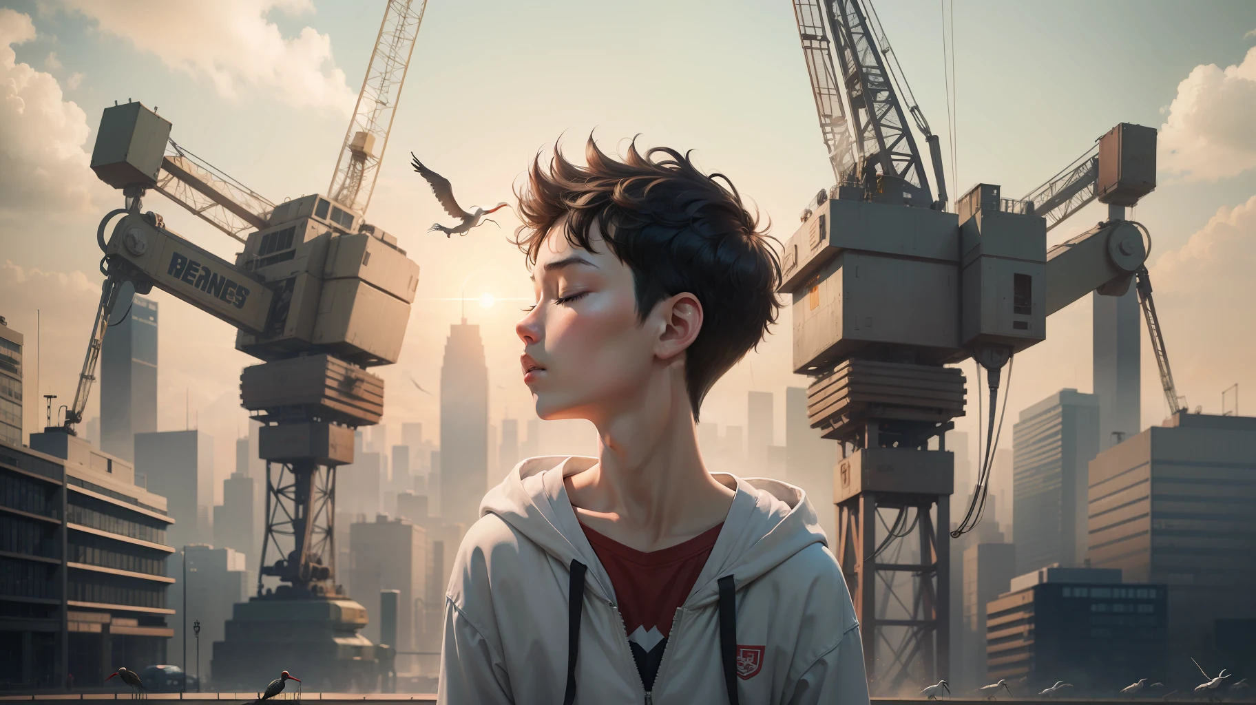 A boy imaging, with his eyes closed, and their are modern cranes and robots around him.