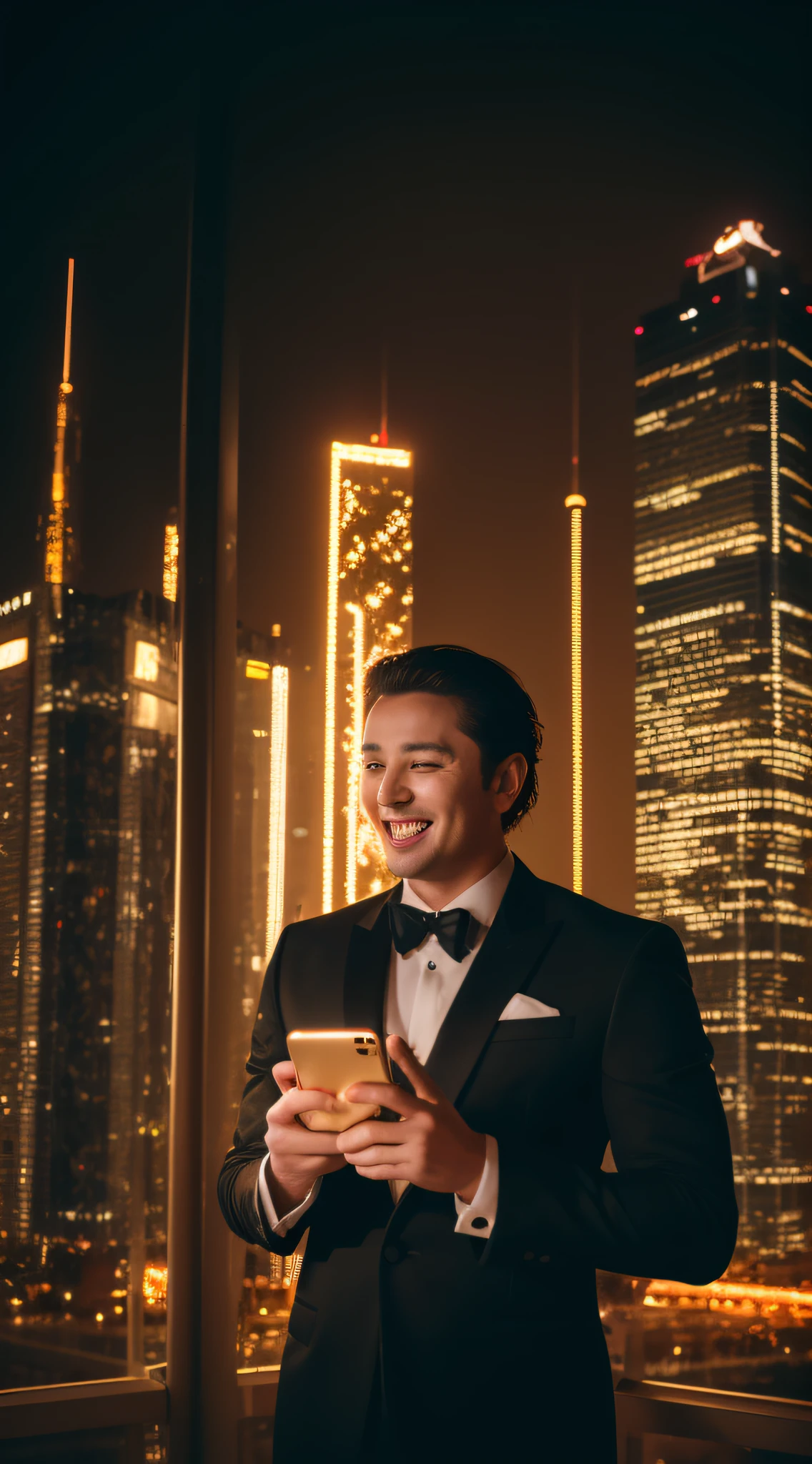 The groom in a golden haute couture suit holds a large-screen phone in front of his face,Showcase mobile content,Face front,Sweet laughter,Behind the modern city,ultra-clear,Cinematic lighting effects,8K