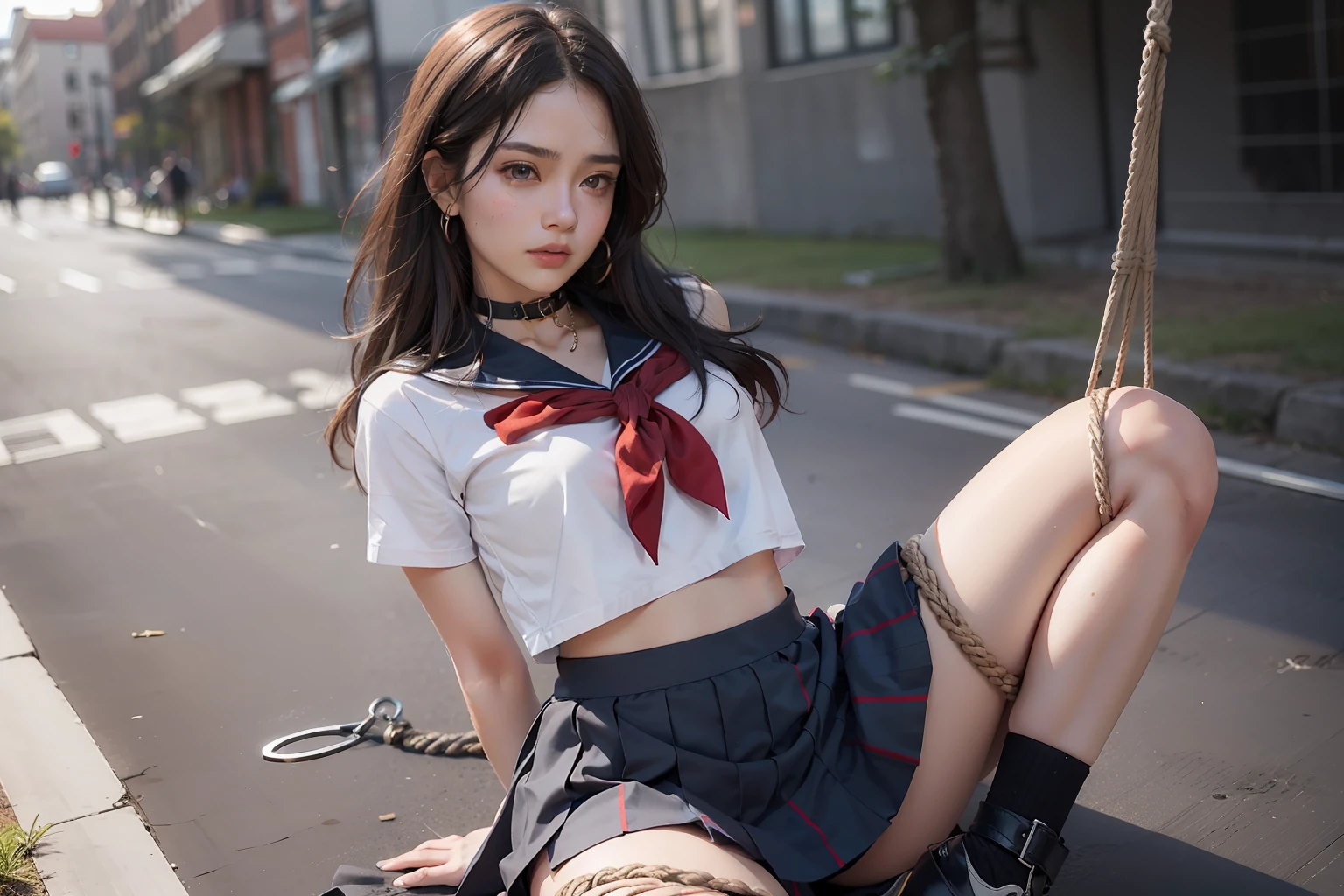 The highest quality shooting 、High school students 、student clothes 、pleatedskirt 、a sailor suit 、big crowd 、sports ground 、Two Women 、Middle-aged man 、Udder is small、Collar with a leash 、Cowboy Shot 、(((Bound arms))), (((arms behind back))) 、Facing to the side ,the body is tied with a rope、 ,from the thighs up、tiny chest、Portraits are prohibited 、Place one knee on the ground 、Bind the chest with a rope 、blushed face 、 Thin rope 、Middle aged fat man 、above knee、looks to the side 、Spread your legs apart 、The chest is tied with a rope 、Middle hair、Low angle full body lens photo 、Sad look、 Black hair, shining beautiful skin , Sweat, collar and chain accessories, beautiful black pupil and hair, Detailed expression , beautidful eyes
