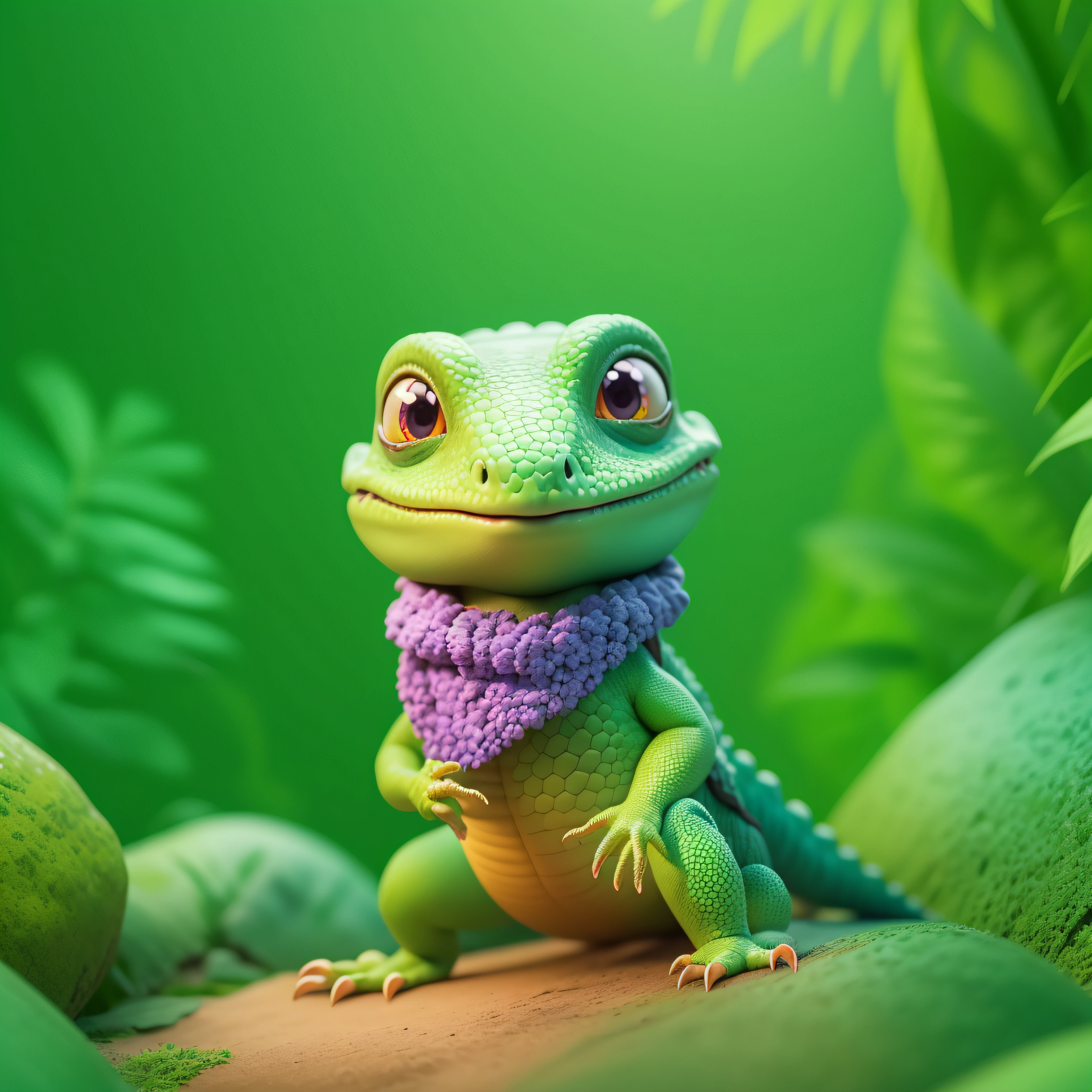 highly detailed 3D render cute lizard with a bandana costume, kids cartoon style, high detailed textures, soft smooth textures, violet jungle rocks color gradient in background.