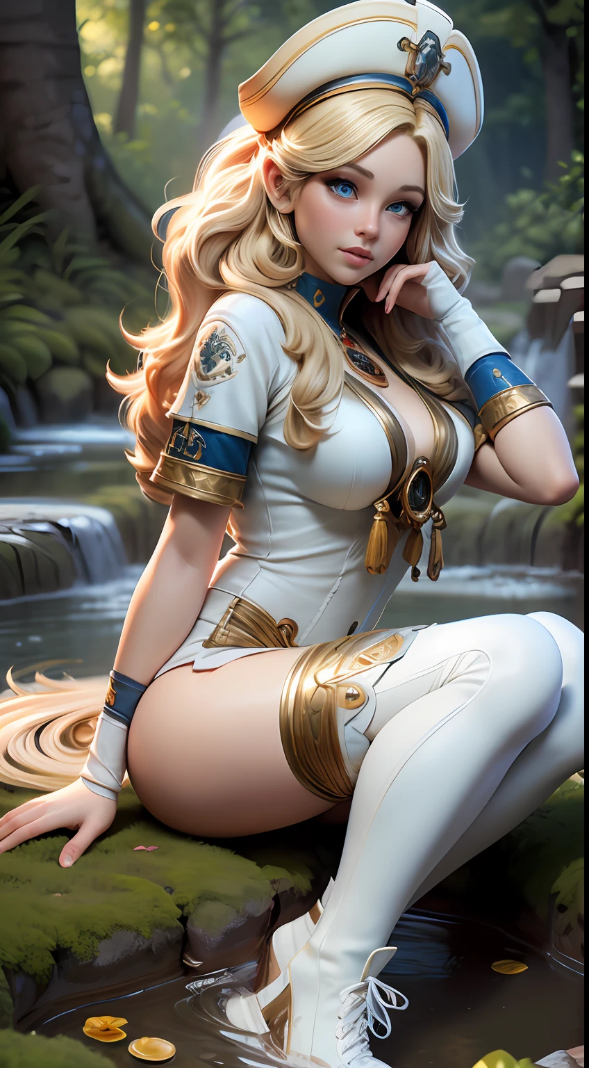 (full figure:1.1), masterpiece, realistic, realism, photorealism, high contrast, in full light, photorealistic digital art trending on Artstation 8k HD high definition detailed realistic, 1girl, (solo:1.5), young beautiful woman, petite, big perky breasts, ((blue eyes)), (blonde long hair:1.5), tight long white dress, (white knee high socks:1.1), (no head gear:1.5), ((priestess)), parted lips, Pirate clothes, old hat, tight pants, detailed, skin texture, hyper-detailed, realistic skin texture, side view, garden, lying in a hot spring, forest, clear water, head down, flustered, drenched, full body, black shoes.