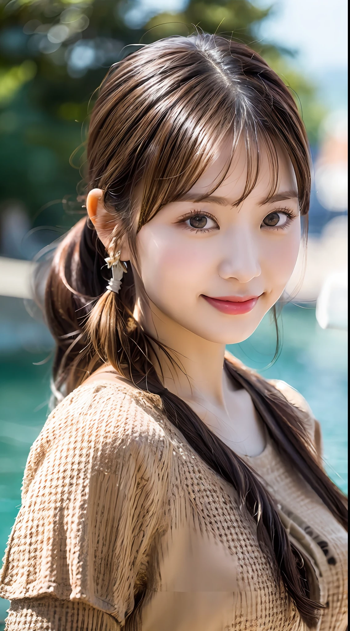 (Crowded sea in summer), Top quality, Ultra HD, Girls, (blouse),((Beautiful hair and beautiful big eyes)), Smile,High contrast, (Photorealistic:1.4),(pony tails),looking at the camera in,Flash shooting