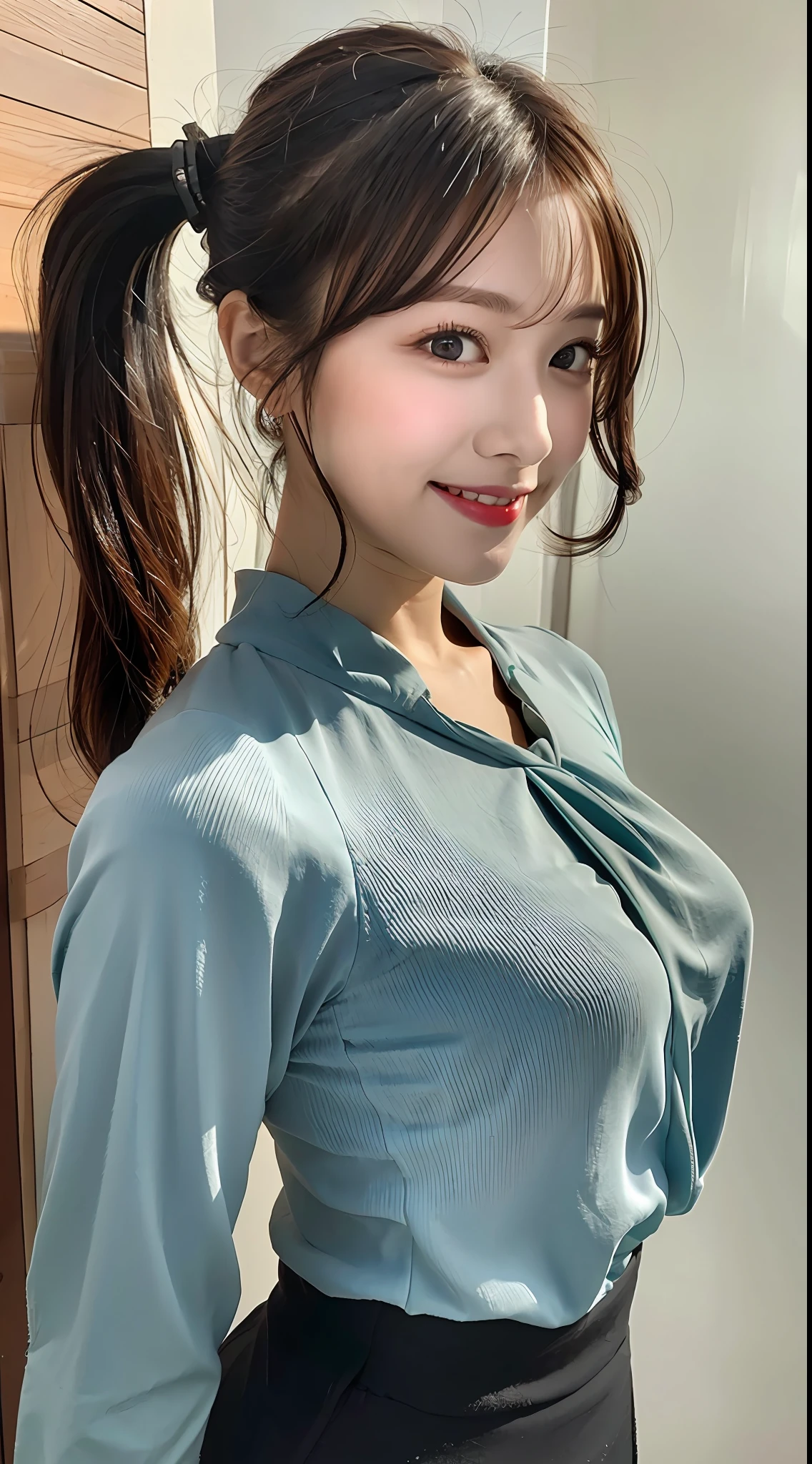 (Crowded sea in summer), Top quality, Ultra HD, Girls, (blouse),((Beautiful hair and beautiful big eyes)), Smile,High contrast, (Photorealistic:1.4),(pony tails),looking at the camera in,Flash shooting
