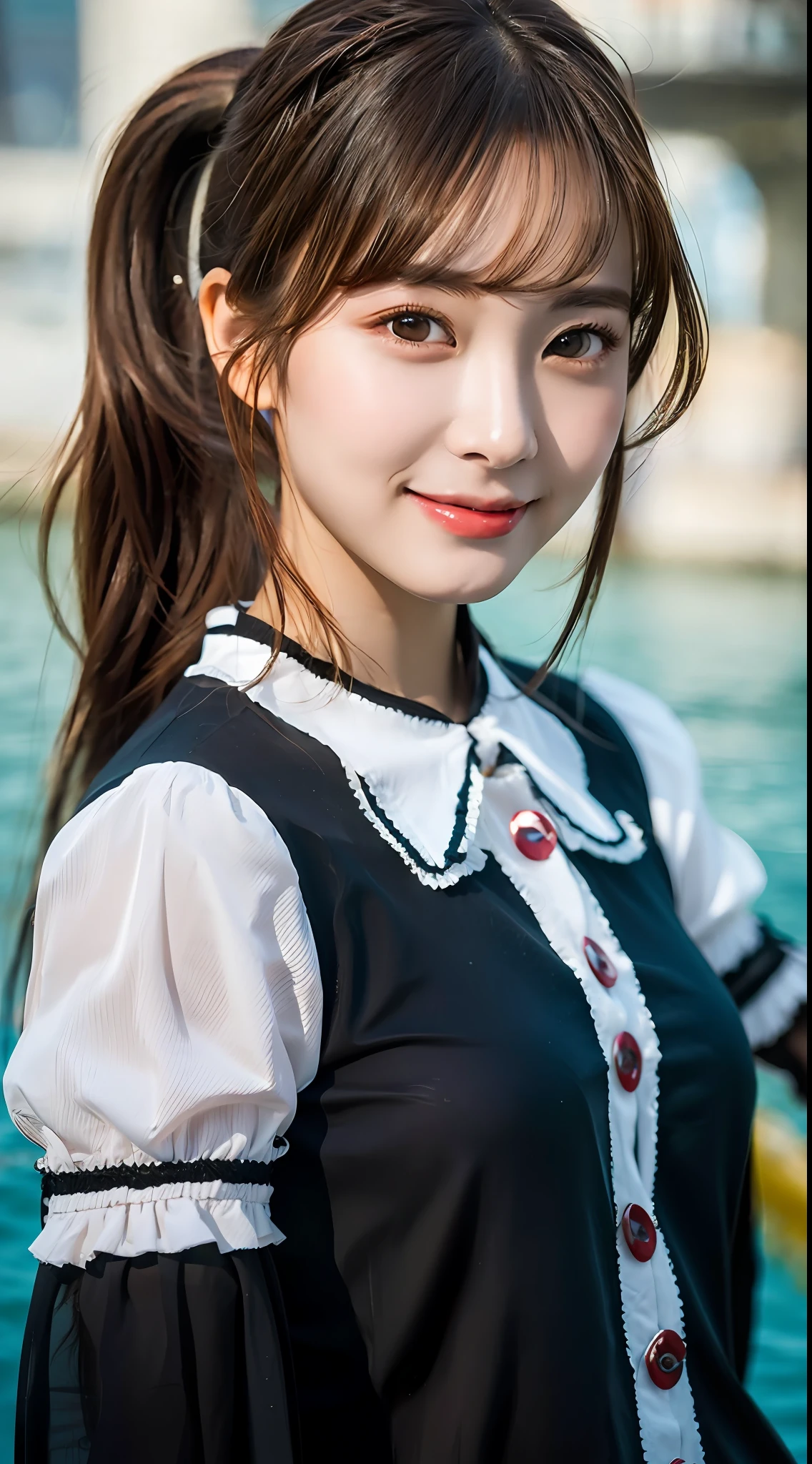 (Crowded sea in summer), Top quality, Ultra HD, Girls, (blouse),((Beautiful hair and beautiful big eyes)), Smile,High contrast, (Photorealistic:1.4),(pony tails),looking at the camera in,Flash shooting