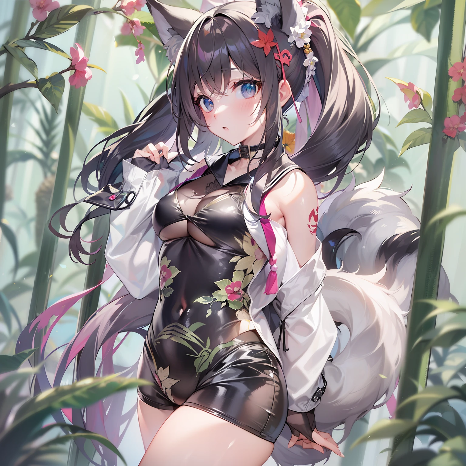 ((Masterpiece)), (Best Quality), Solo, miosha1, hair ornament, ponytail, wolf tail, swimsuit, white shorts, thigh strap, black jacket, leaf print, collar, string bikini, (NSFW:1.2)