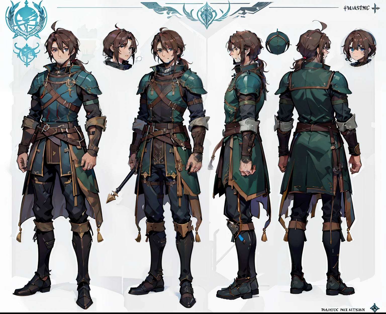 1character, reference sheet, matching outfit, (fantasy character sheet, front, left, right, back) 1man, Valen, tall and muscular warrior. Rugged appearance, piercing blue eyes exuding determination. Short, dark beard framing his face. Well-kept brown hair tied back in practical ponytail. Armor mix of leather and metal, providing protection and ease of movement in battles. (masterpiece:1.2), (best quality:1.3).