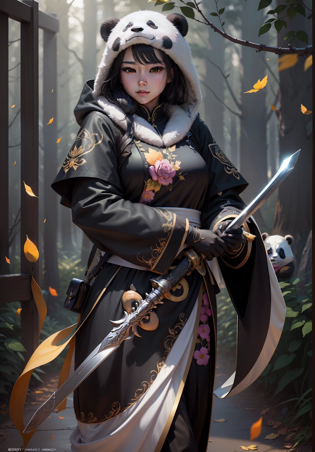 beautiful woman facing the camera black hair asian eyes, wearing a black and white panda hood holding a gleaming sword silver and gold Masterpiece, an abondance of pink rose embroidery sown into her clothes, best quality, high quality, highly detailed costume, CG unity 8k wallpaper beautiful landscape oil painting, award winning photography, bokeh, depth of field, HDR, bloom, chromatic aberration, photorealism, highly detailed, trending on artstation, on CGsociety Trending, intricate, high detail, dramatic, midjourney art and masterpiece, best quality, high quality, extremely detailed CG unity 8k wallpaper lush summer landscape with rolling green hills stretching towards the horizon, dotted with pink, yellow wildflowers, and purples, volumetric lighting and masterpiece, best quality, high quality, extremely detailed CG unity 8k wallpapers serene autumn landscape surrounded by trees in shades of golden yellow, fiery red and burnt orange. The crisp air is laced with the sweet aroma of fallen leaves and wood smoke. a cute panda bear in the background --auto