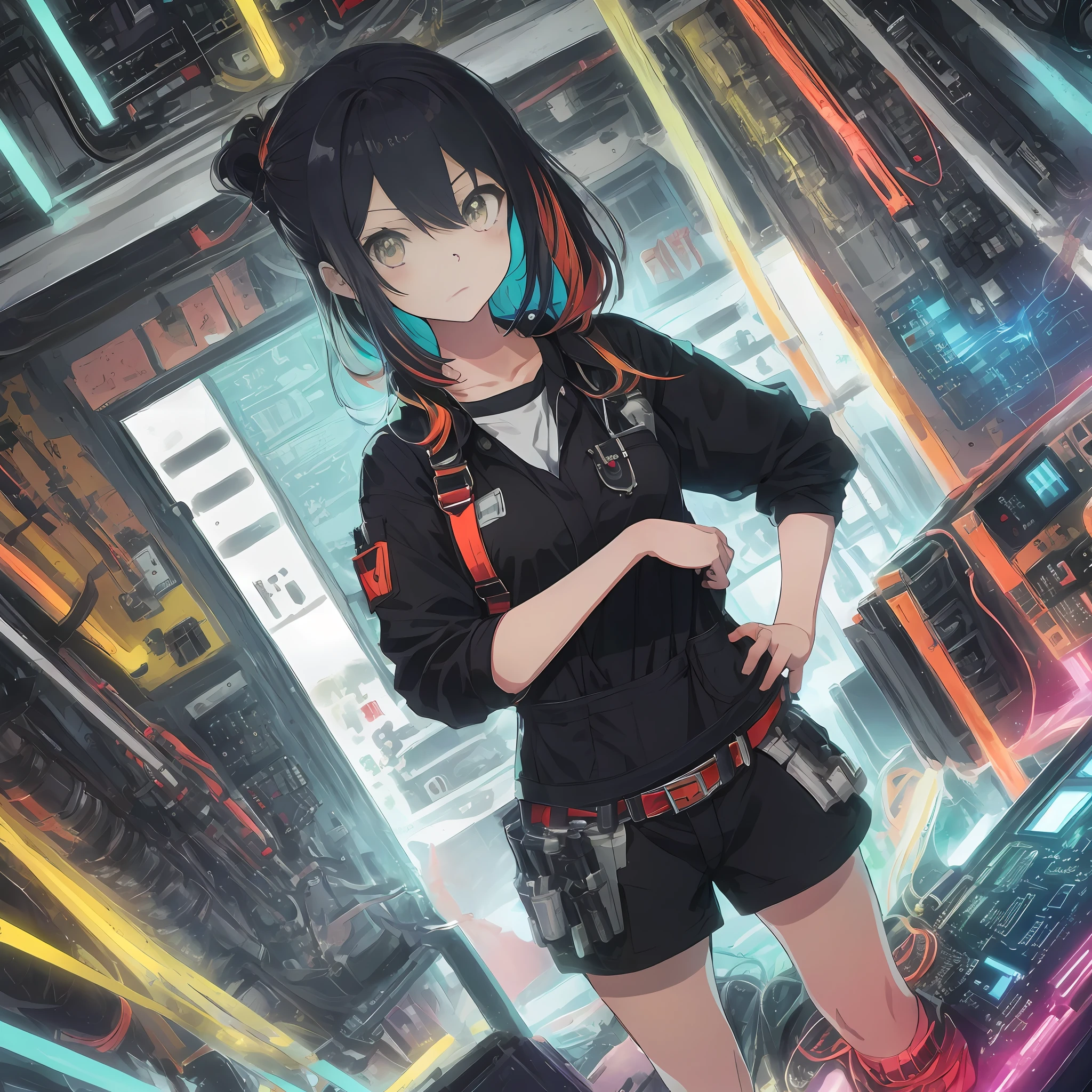 masutepiece, absurderes, hight resolution, ultra-detailliert, Detailed, Vivid contrast , (1 girl, 30-years old:1.1), Adult, Colorful cloth, multicolored hair, (be bashful) , put hands on the hip , mechanic, Mechanic Room, Electronic Circuit Girl, wrench