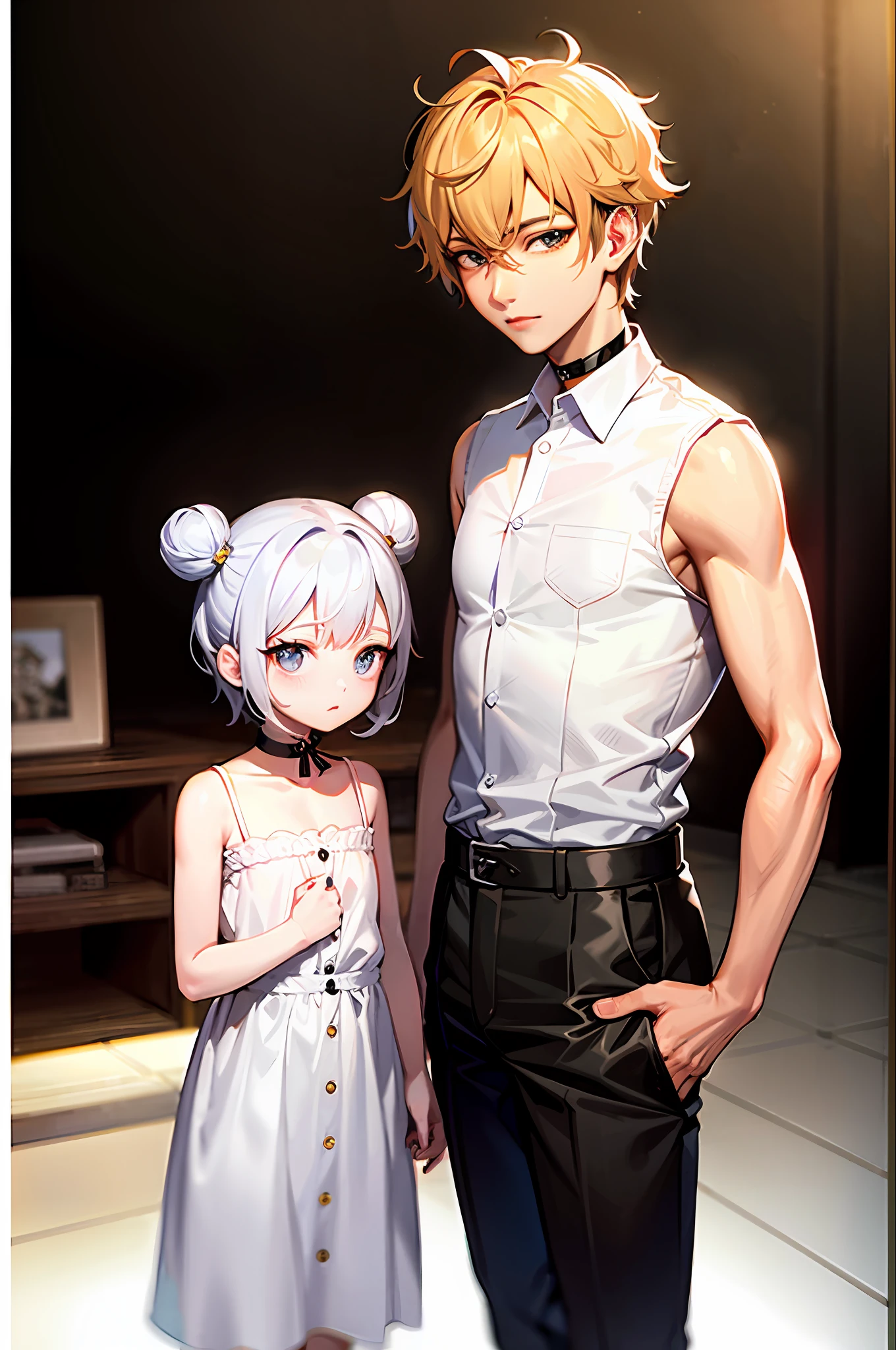 top-quality、超A high resolution、1 baby boy、sleeveless white button shirt、a black choker、kawaii(Kpop Idle)、(Charming Monkey:1)、(Platinum Blonde Hair:1)、((Puffy eyes))、Looking for the observer side、full bodyesbian、facing the front there
