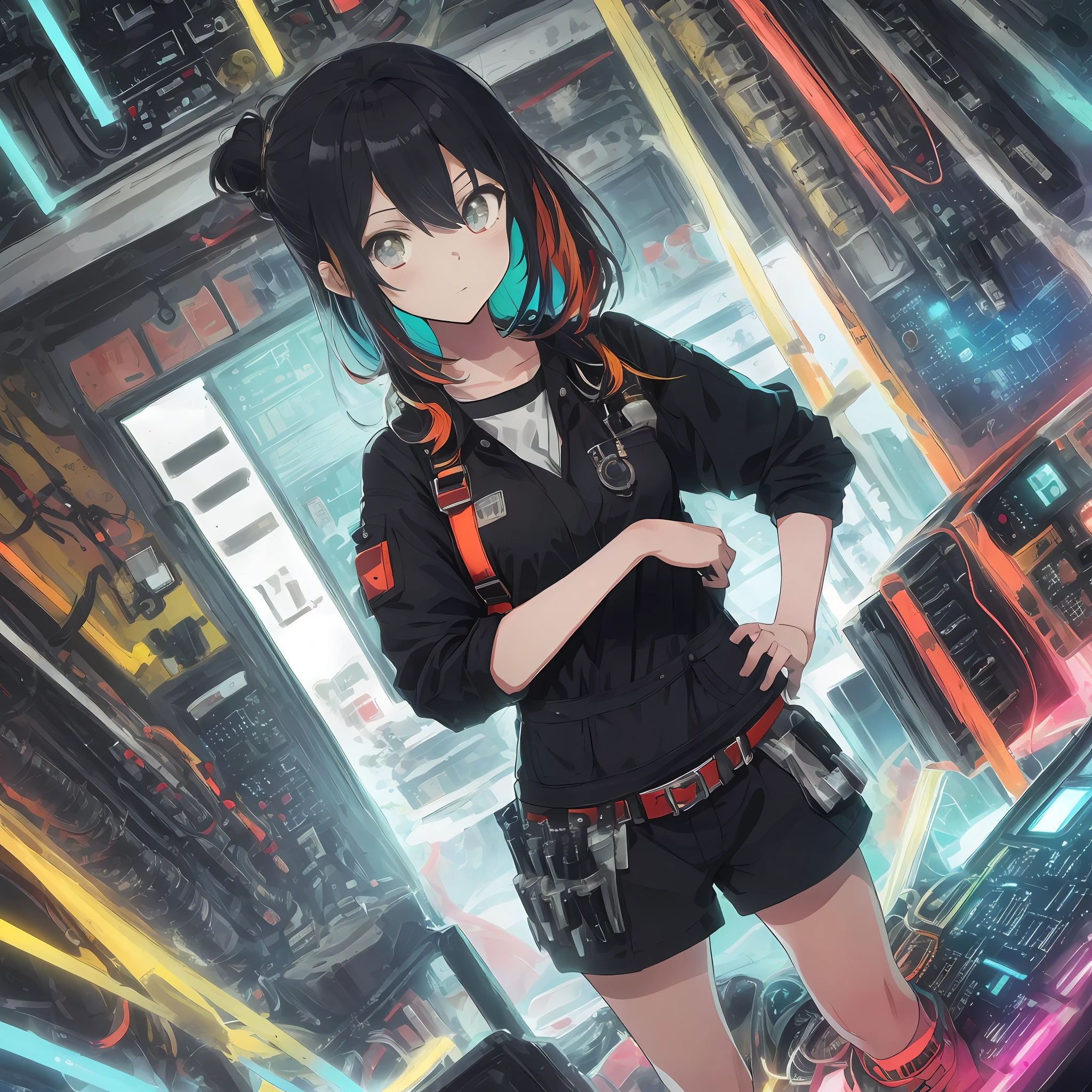 masutepiece, absurderes, hight resolution, ultra-detailliert, Detailed, Vivid contrast , (1 girl, 30-years old:1.1), Adult, Colorful cloth, multicolored hair, (be bashful) , put hands on the hip , mechanic, Mechanic Room, Electronic Circuit Girl, wrench