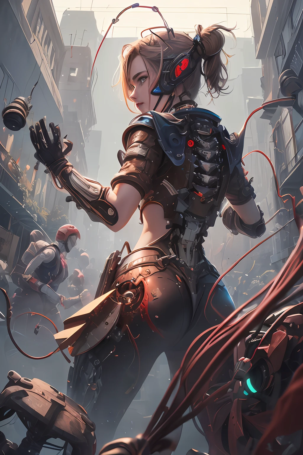 ((((obra-prima))), ((melhor qualidade))), ((ultra-detalhado)), (CG illustration), ((extremamente delicado e belo)),(lateralmente),cinematiclight, ((1 mechanical girl )), linguado, de corpo inteiro, (Machine-made articulation: 1.2), ((machanical limbs)), (blood vessels attached to tubes), (mechanical spine connected to the back), ((Mechanical cervical vertebrae attached to the neck)), (sentado), forced laughter, (wires and cables around the neck: 1.2), (wires and cables on the head: 1.2) (foco do personagem), scientific fiction, extremamente fino, Colouring, os melhores cabelos brancos, Olhos vermelhos, em batalha, (knot), (Matando), (1 imortal), Dwarven Steam Gear Technology,rudeus
