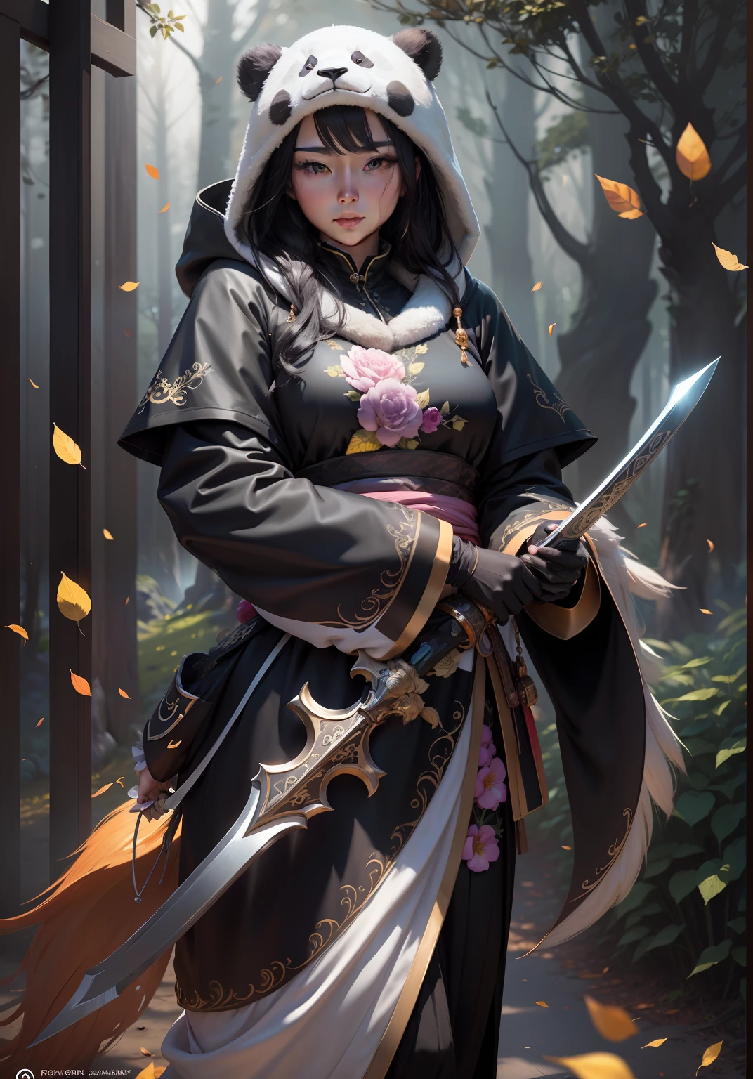 beautiful woman facing the camera black hair asian eyes, wearing a black and white panda hood holding a gleaming sword silver and gold Masterpiece, an abondance of pink rose embroidery sown into her clothes, best quality, high quality, highly detailed costume, CG unity 8k wallpaper beautiful landscape oil painting, award winning photography, bokeh, depth of field, HDR, bloom, chromatic aberration, photorealism, highly detailed, trending on artstation, on CGsociety Trending, intricate, high detail, dramatic, midjourney art and masterpiece, best quality, high quality, extremely detailed CG unity 8k wallpaper lush summer landscape with rolling green hills stretching towards the horizon, dotted with pink, yellow wildflowers, and purples, volumetric lighting and masterpiece, best quality, high quality, extremely detailed CG unity 8k wallpapers serene autumn landscape surrounded by trees in shades of golden yellow, fiery red and burnt orange. The crisp air is laced with the sweet aroma of fallen leaves and wood smoke. a cute panda bear in the background --auto