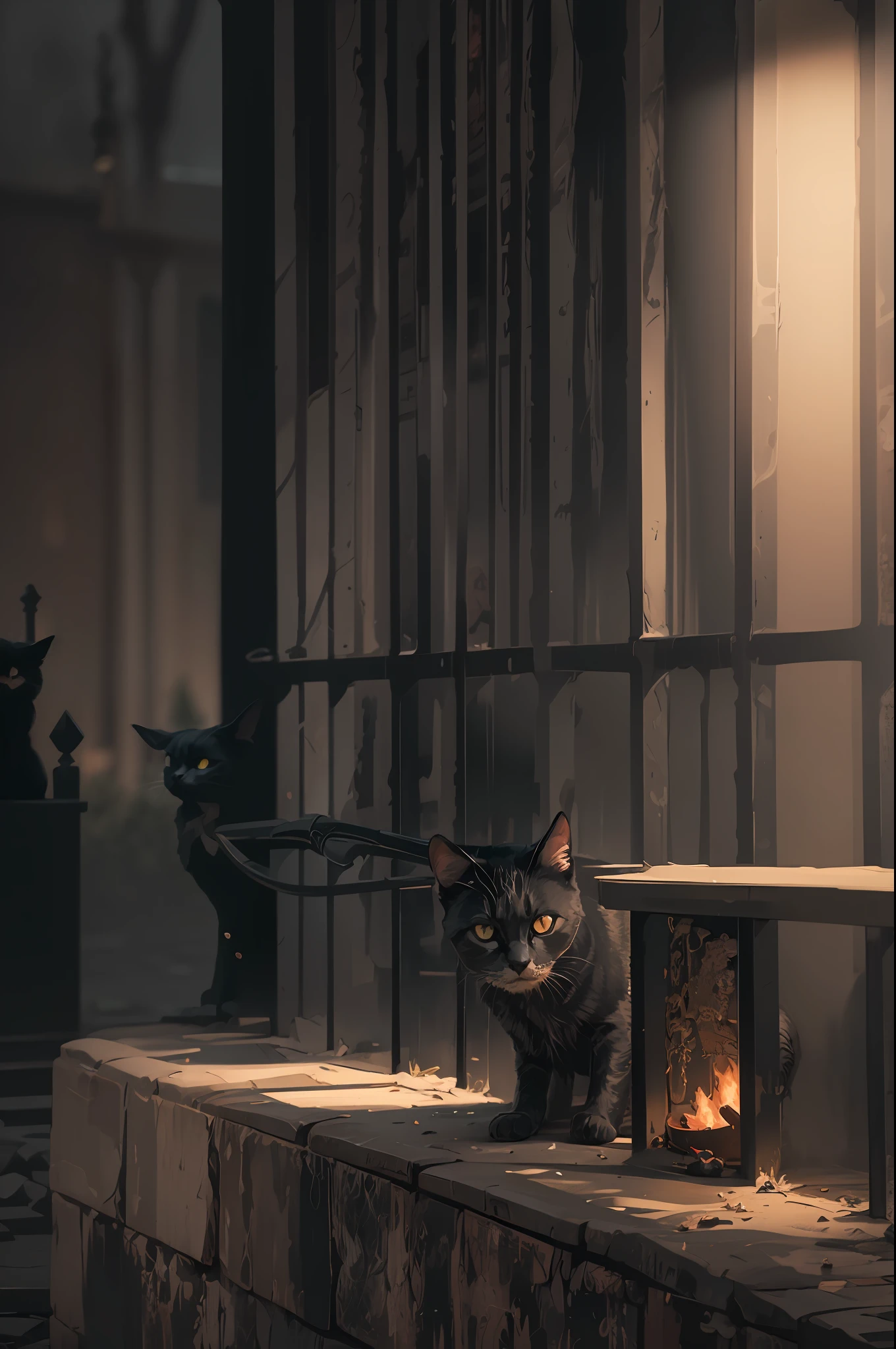 photorealistic, best quality, masterpiece, rainy graveyard, black cat dark theme, dim light, nether, chthonian, gloominess