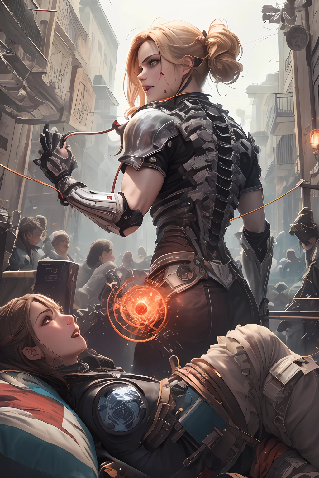 ((((obra-prima))), ((melhor qualidade))), ((ultra-detalhado)), (CG illustration), ((extremamente delicado e belo)),(lateralmente),cinematiclight, ((1 mechanical girl )), linguado, de corpo inteiro, (Machine-made articulation: 1.2), ((machanical limbs)), (blood vessels attached to tubes), (mechanical spine connected to the back), ((Mechanical cervical vertebrae attached to the neck)), (sentado), forced laughter, (wires and cables around the neck: 1.2), (wires and cables on the head: 1.2) (foco do personagem), scientific fiction, extremamente fino, Colouring, os melhores cabelos brancos, Olhos vermelhos, em batalha, (knot), (Matando), (1 imortal), Dwarven Steam Gear Technology,rudeus