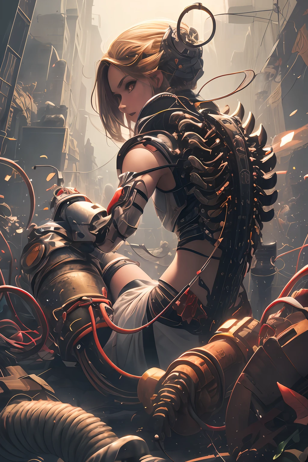((((obra-prima))), ((melhor qualidade))), ((ultra-detalhado)), (CG illustration), ((extremamente delicado e belo)),(lateralmente),cinematiclight, ((1 mechanical girl )), linguado, de corpo inteiro, (Machine-made articulation: 1.2), ((machanical limbs)), (blood vessels attached to tubes), (mechanical spine connected to the back), ((Mechanical cervical vertebrae attached to the neck)), (sentado), forced laughter, (wires and cables around the neck: 1.2), (wires and cables on the head:  1.2) (foco do personagem), scientific fiction, extremamente fino, Colouring, os melhores cabelos brancos, Olhos vermelhos, em batalha, (knot), (Matando), (1 imortal), Dwarven Steam Gear Technology,rudeus