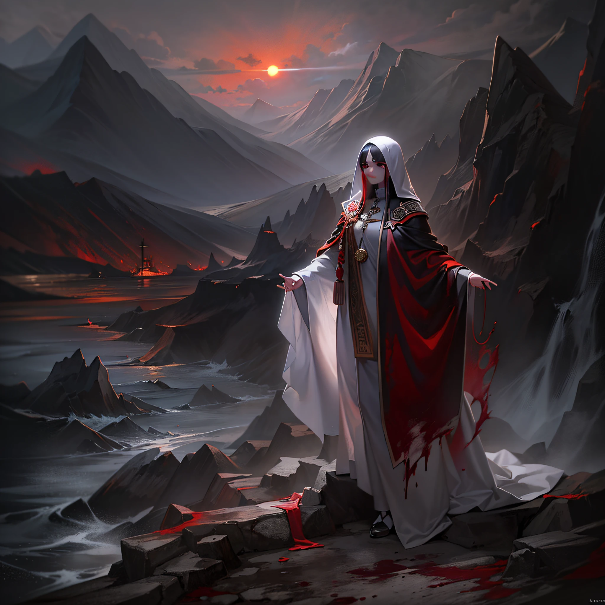 (masterpiece), Painting style divinity,Twilight,Gray and dark picture,Still shooting angle,The cloak flutters,Red cassock,White-faced impermanence,The setting sun shines,smoke-filled,Corpse mountain and sea of blood,divino,blood vess,region,k hd,Need,tmasterpiece