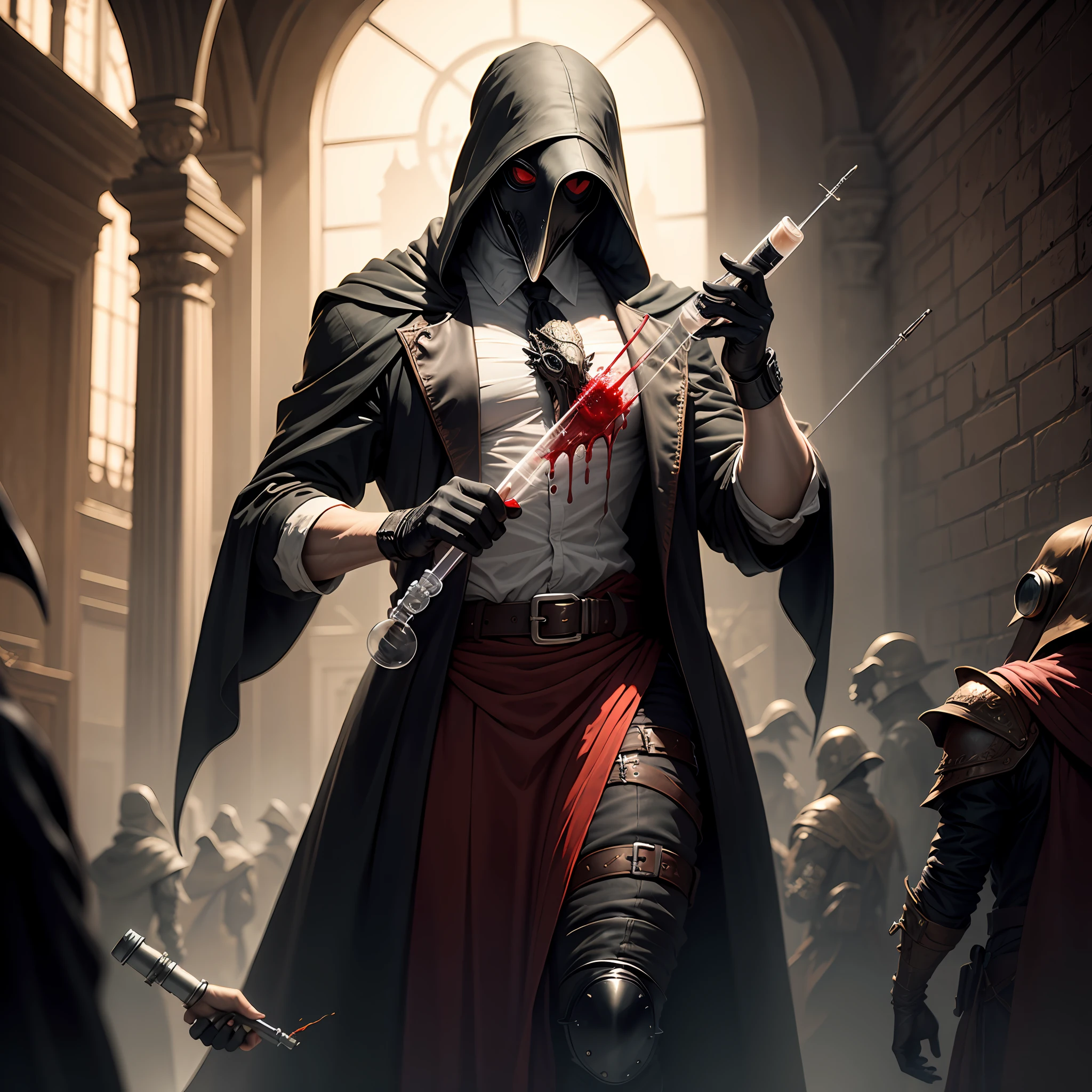 Plague doctor holding a syringe with blood, tudo escuro, dark, fantasy art, realista --auto
