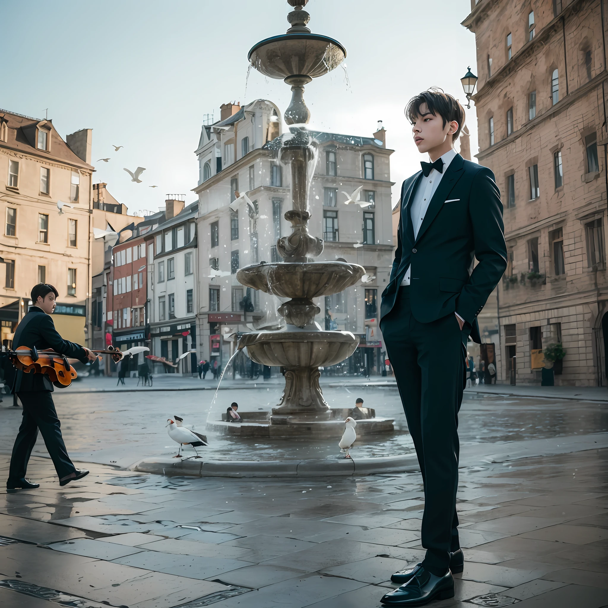 A beautiful boy with a long, straight black face，Amber pupils，Stand by the fountain in the city square and play the violin，White pigeons at night，There was a halo around him。，There are peacock green earrings on the ears，White shirt，Black pantsuit， --auto