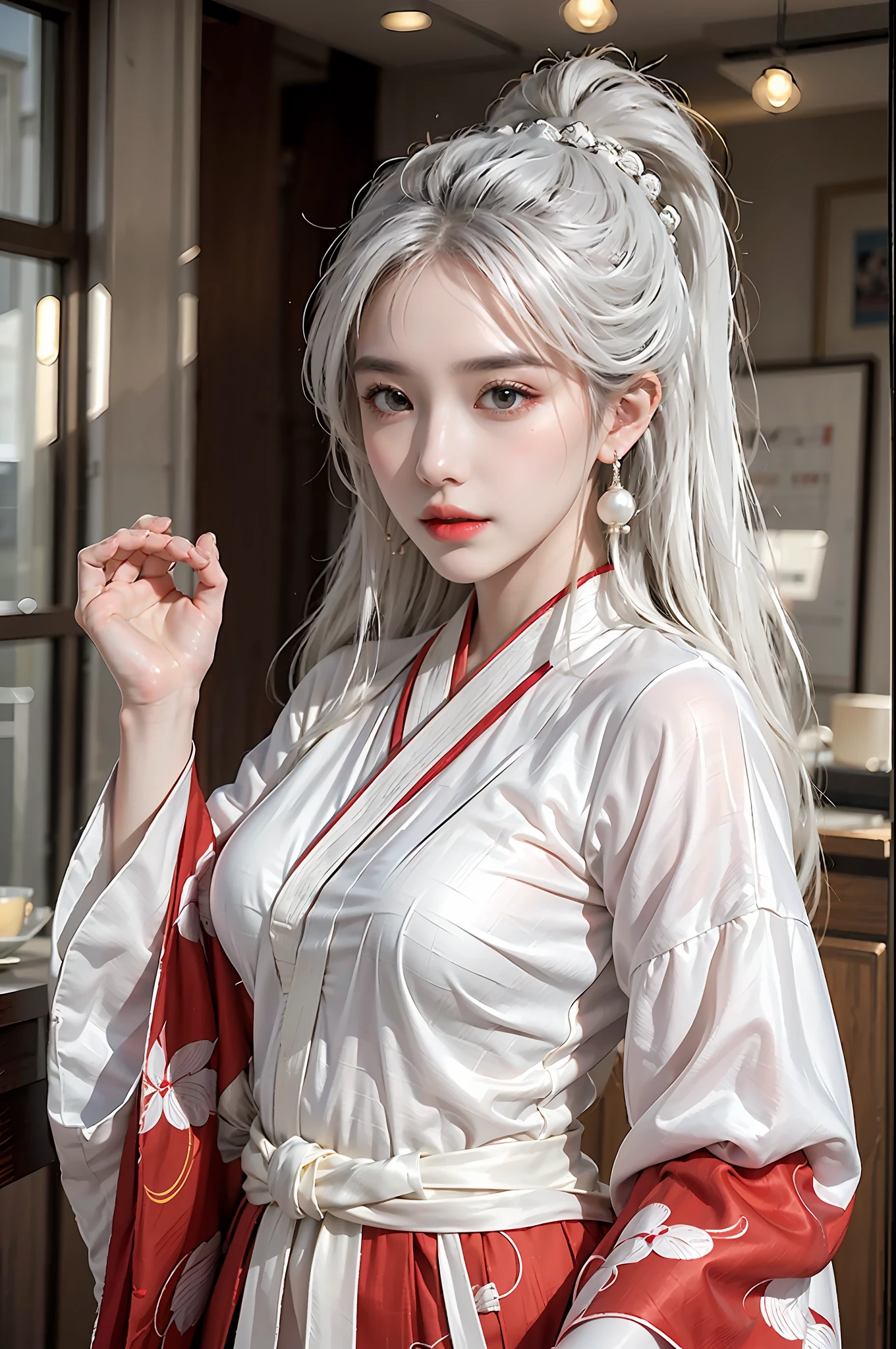 photorealistic, high resolution, 1 girl, hips up, beautiful eyes, light white hair, intricate brocade hanfu, gorgeous accessories, wearing pearl earrings, red clothes