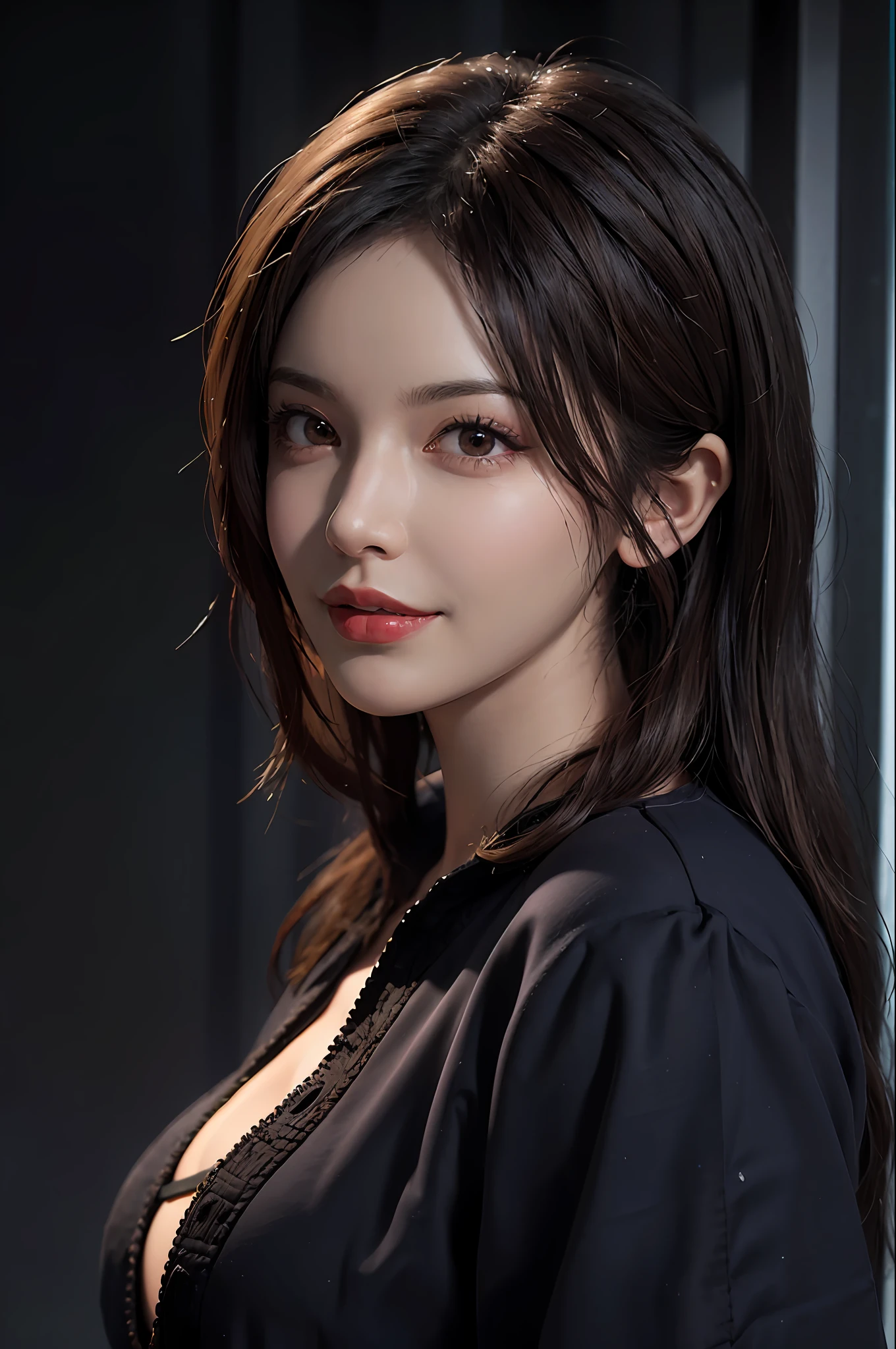 (Front focus),(in the darkness nigth:1.6),Surrealist portraits of women by David Hockney and Alphonse Mucha,Fantasyart,photographrealistic,动态照明,artstation,poster for,Volumetriclighting,Very detailed faces,4 k,Award-Awarded, 1girl, in the dark, deep shadow, low key, cowboy shot, long whitr hair, blond hairbl,Redlip,Blue pupils,Light smile,
