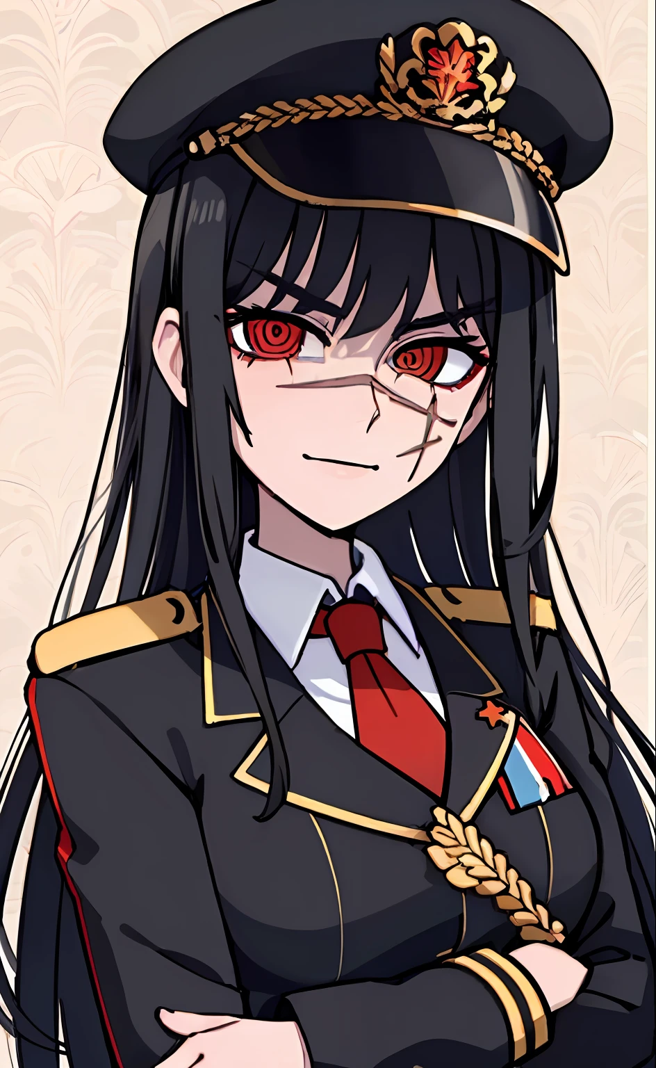 (masterpiece, best quality: 1.2), Solo, 1girl, Yoru \(Chainsaw Man\), looking at the viewer, different poses, red eye, long hair, completely black hair, reference to clothing of a German WWII general, black long sleeves (best quality), scar on face, beautiful eyes, has only 2 arms, has war medals on his clothes, Black Military Cap, Golden Eagle Medal on Clothing,  (Wallpaper), (8K HD), (8K HD), Golden Shoulder Pads, Sprites, 1 Single Design (masterpiece, best quality: 1.2), Solo, 1girl, Yoru \(Chainsaw Man\), looking at the viewer, smile, happy, different poses, red eye, long hair, completely black hair, reference to clothing of a German WWII general, black long sleeves (best quality), scar on face,  beautiful eyes, has only 2 arms, has war medals on his clothes, black military cap, golden eagle medal on clothing, (wallpaper), (8K HD), (8K HD), (8K HD), golden shoulder pads, sprites, 1 single design