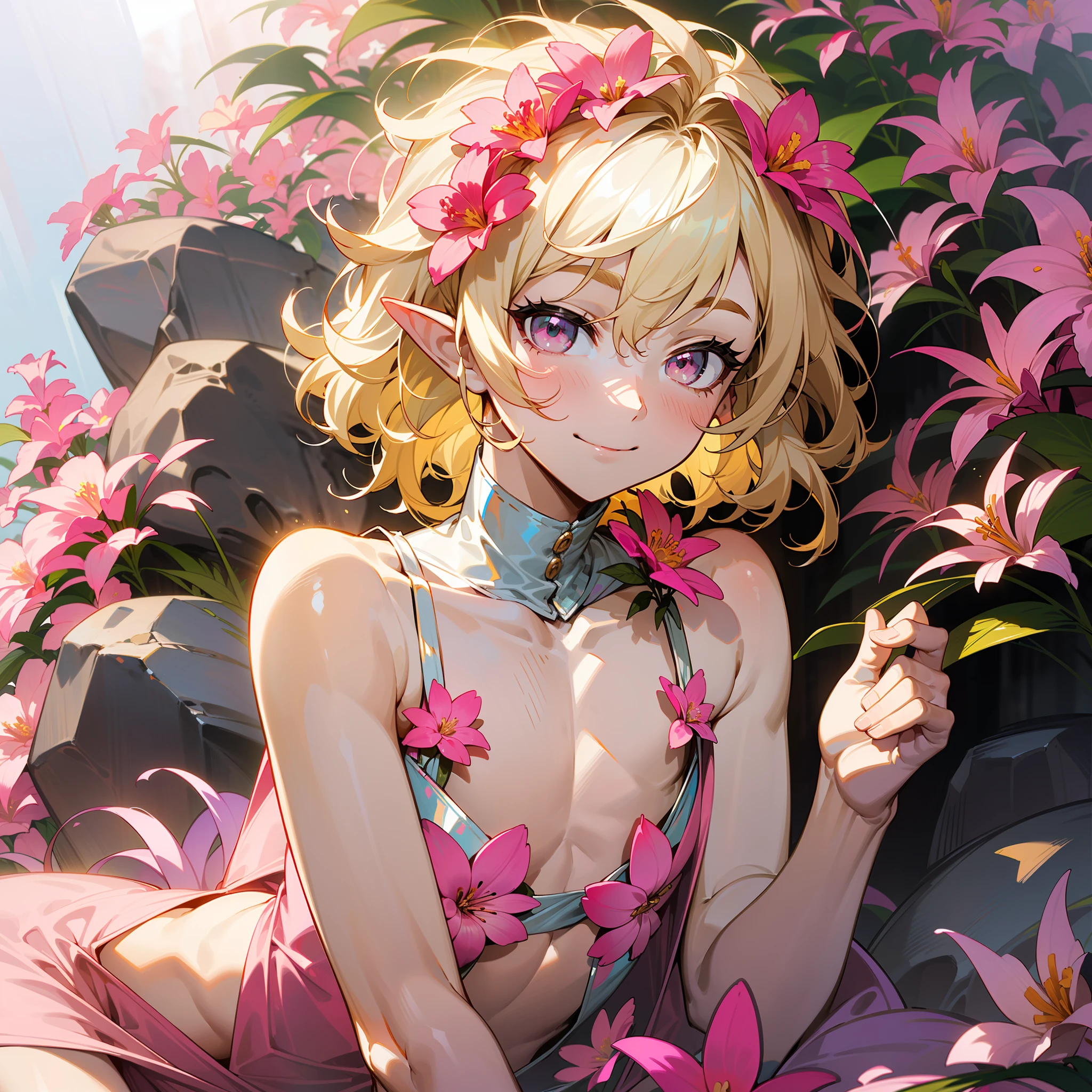 young man, twink, (((male))), (((man))), (((one person))), single, solo, (((very light blonde hair))), (((pink colored eyes))), (medium short hair), (chin-length hair), wavy hair, slim body, ((flat chest)), ((fantasy style)), (((wearing flowers in his hair))), flowercrown, ((pointy ears)), (((light pink colored eyes))), smooth skin, (((wearing a transparent top))), ((bare shoulders)), (loose top), (low cut top), ((bare legs)), smiling, rocks in the background, tropical flowers, (picking exotic flower from a tree)