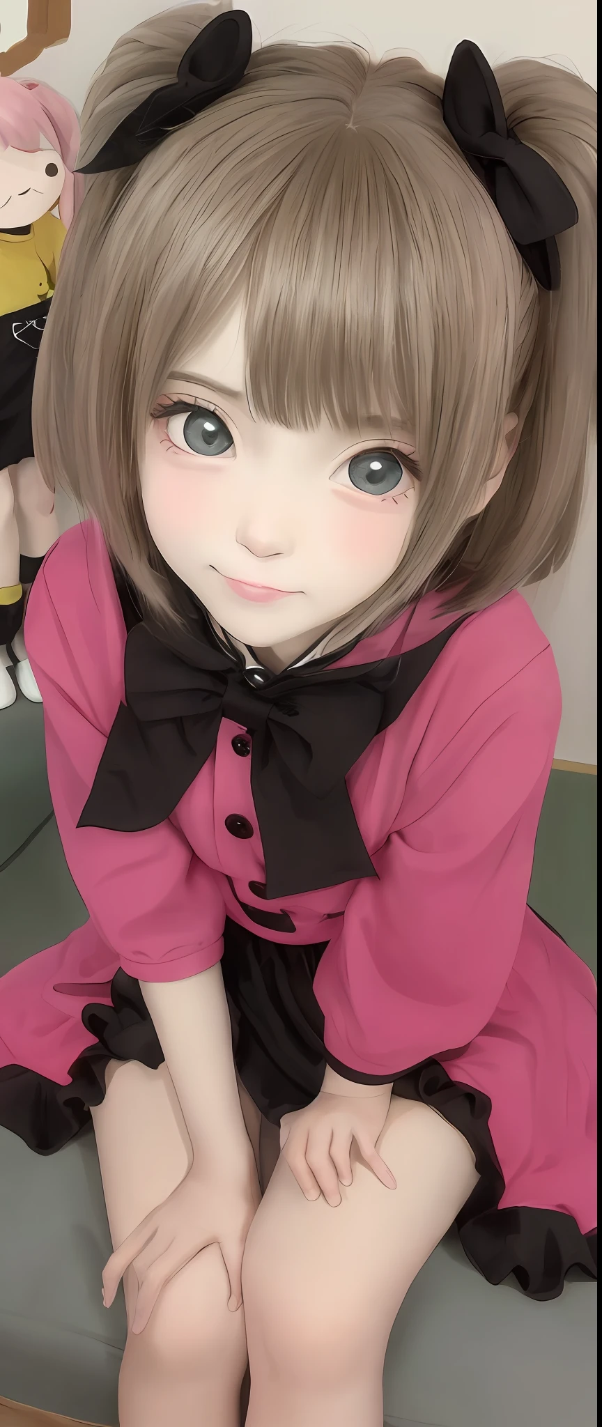 pequena com rosto infantil, cabelo loiro claro, olhos azuis, vestido rosa, corada, sorrindo, anime, kawaii, olhos detalhados