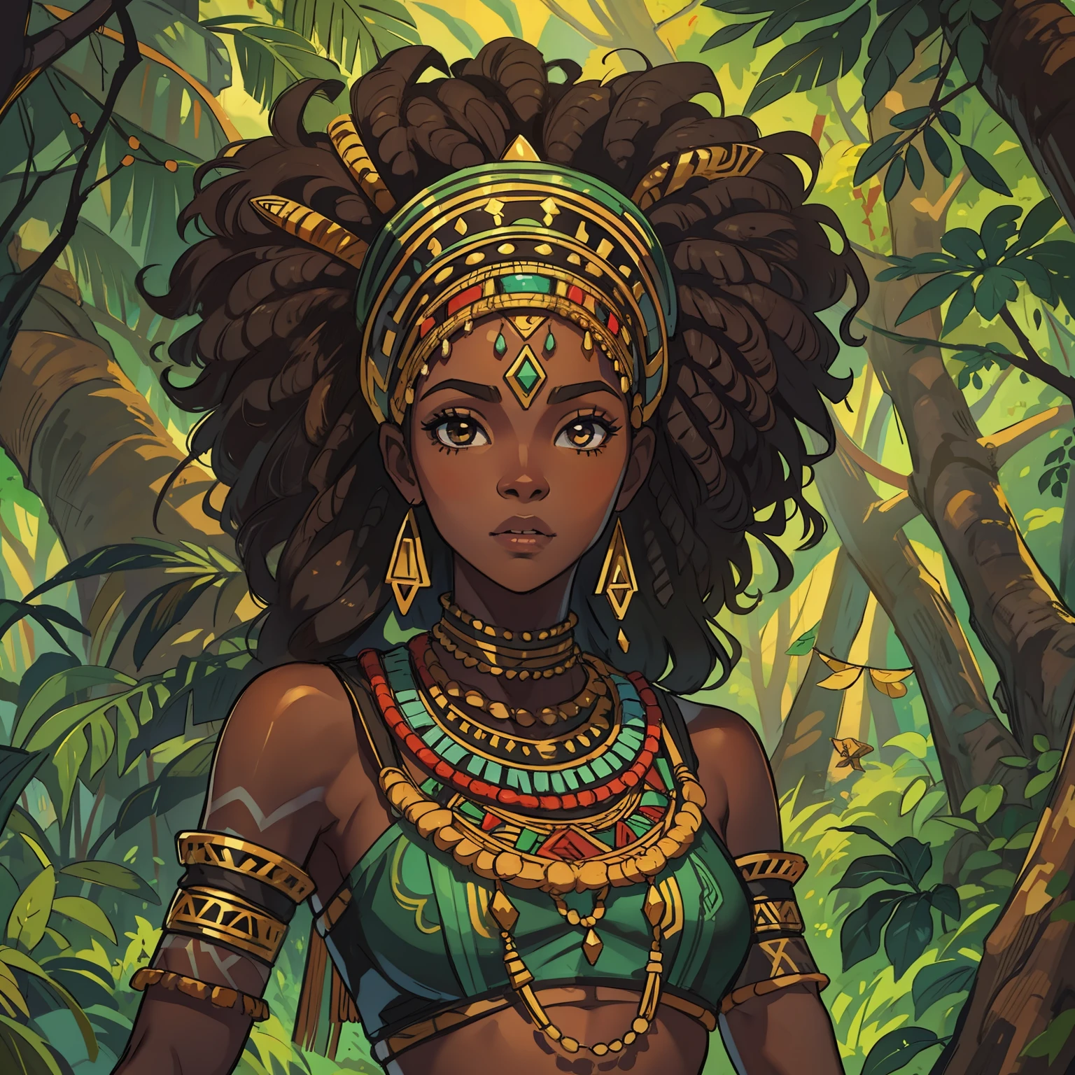 A beautiful black woman with black African skin, she is a princess of the forest, wearing tribal costumes with various African tribal accessories, by the body, cultural wakanda, Africans, she has wavy hair, curly brown hair, a beautiful sweet-looking woman, skinny;