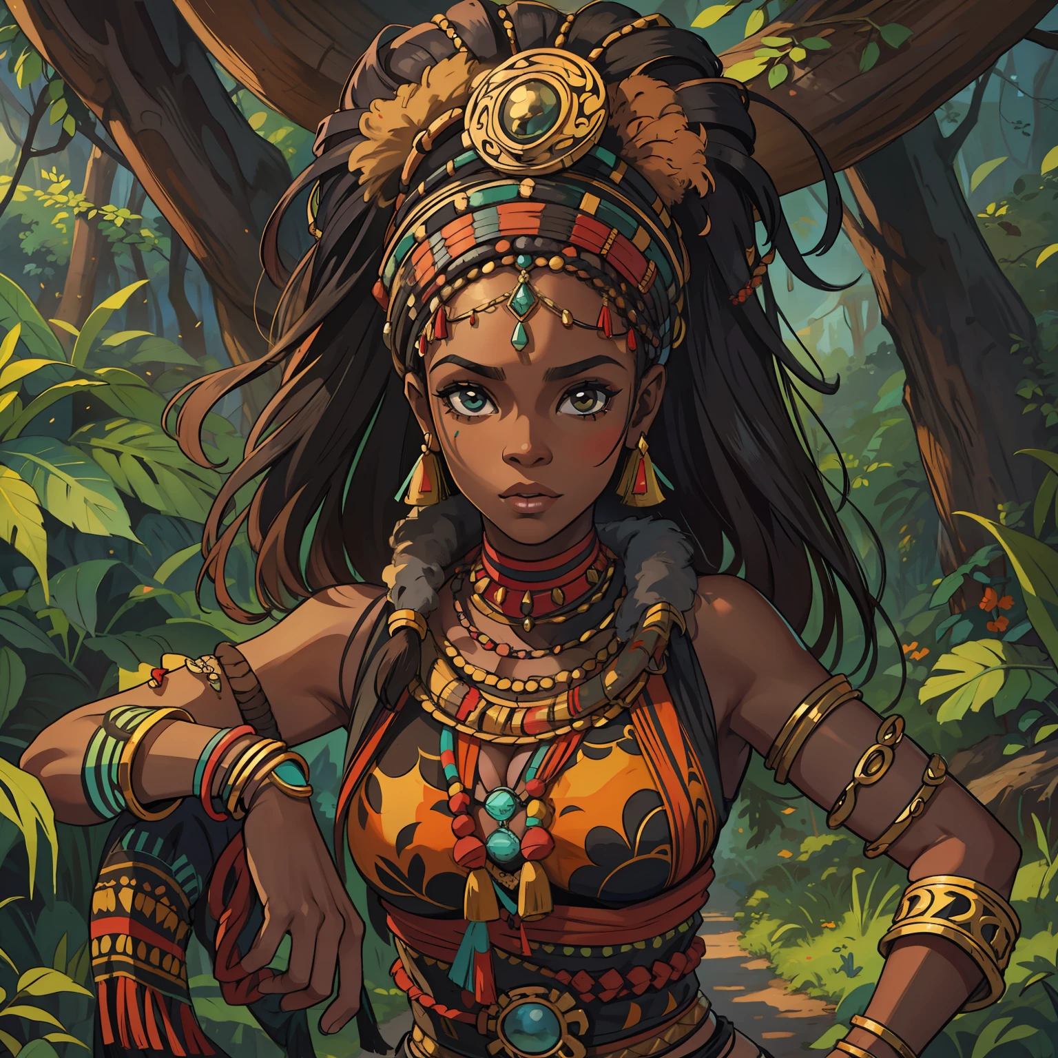 Uma mulher negra bonita com pele negra africana, She is a princess of the forest, wearing tribal costumes with various African tribal accessories, pelo corpo, Wakanda Cultural, Africanos, Ela tem cabelos ondulados, cabelos castanhos cacheados, a beautiful woman with a sweet appearance, magra, This woman is in middle age, she has traits of a 30-year-old woman;