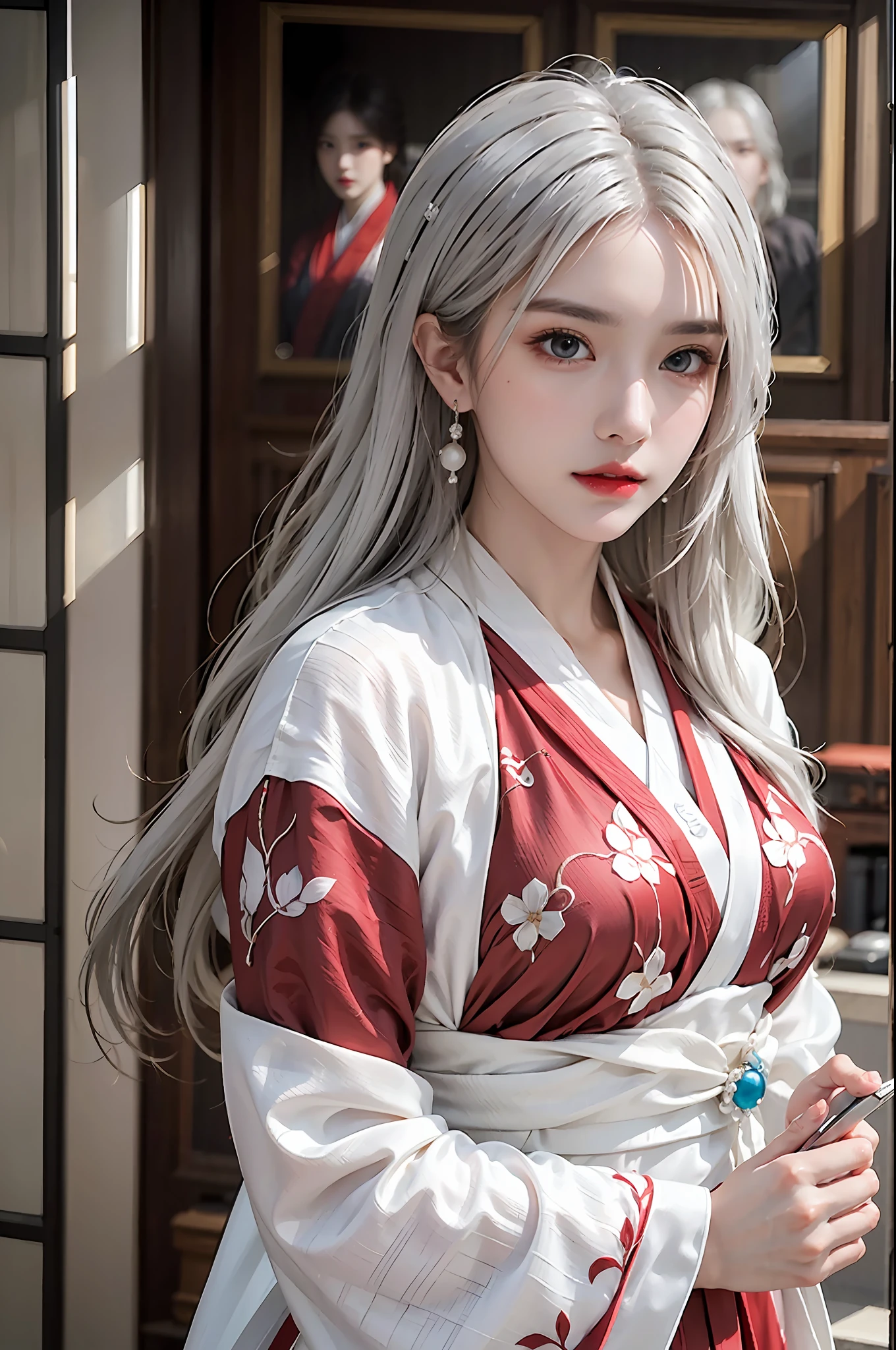 photorealistic, high resolution, 1 girl, hips up, beautiful eyes, light white hair, intricate brocade hanfu, gorgeous accessories, wearing pearl earrings, red clothes