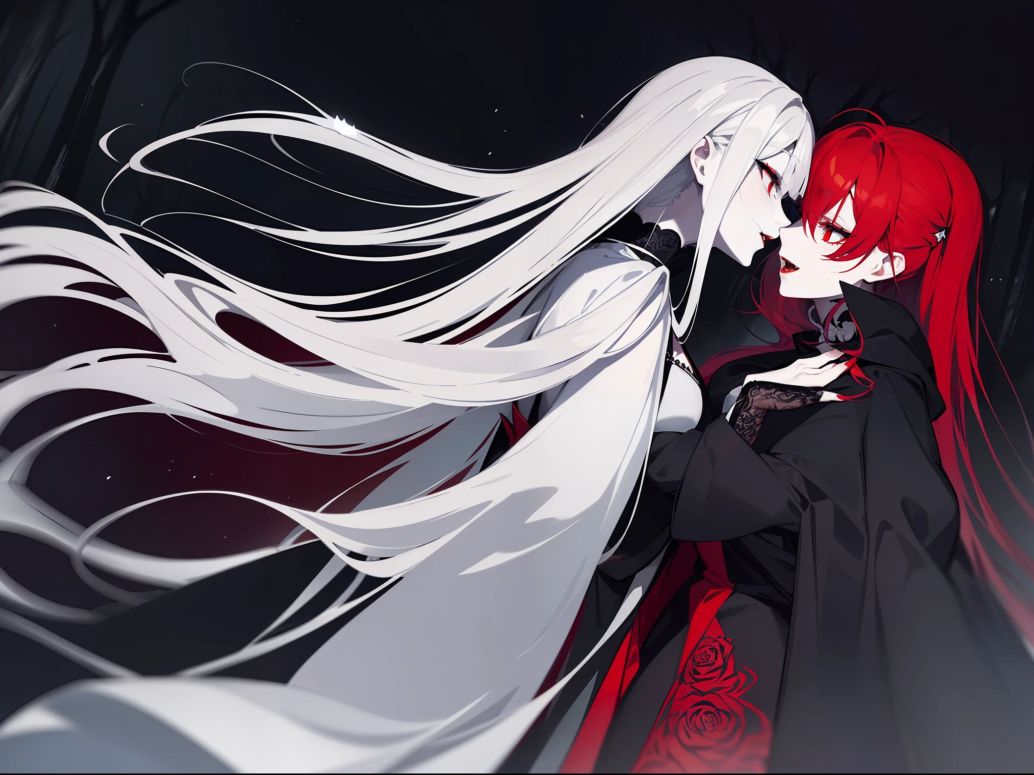 masterpiece,(bestquality),highlydetailed,ultra-detailed,cold,dark,snowy background, intense shadows, (vampiric atmosphere), (bloody red lips), (pale skin), (elegant poses), (mysterious vibes), (red nails), (rich Gothic fashion), (long flowing gowns), (red rose accessories), (haunting expressions), (glowing red eyes), (piercing gazes), (sharp fangs), (vampire bite marks), (ethereal beauty), (black lace), (glistening silver hair), (pale white hair), (sleek black hair with red highlights), (intricate hair rings), (half updo hairstyles), (hime cut hairstyles), (silky long hair), (matching black and white outfits), (twin vampires), (reflection on the water), (moonlight filtering through the trees), (ominous moon in the background), (dramatic lighting effects), (black eyeliner), (elegant posture), (graceful movement), (vampire hunters in the distance), (mysterious mist), (whispers on the wind), (long capes flowing in the wind), (dark magic), (an air of danger), (romantic ambience),