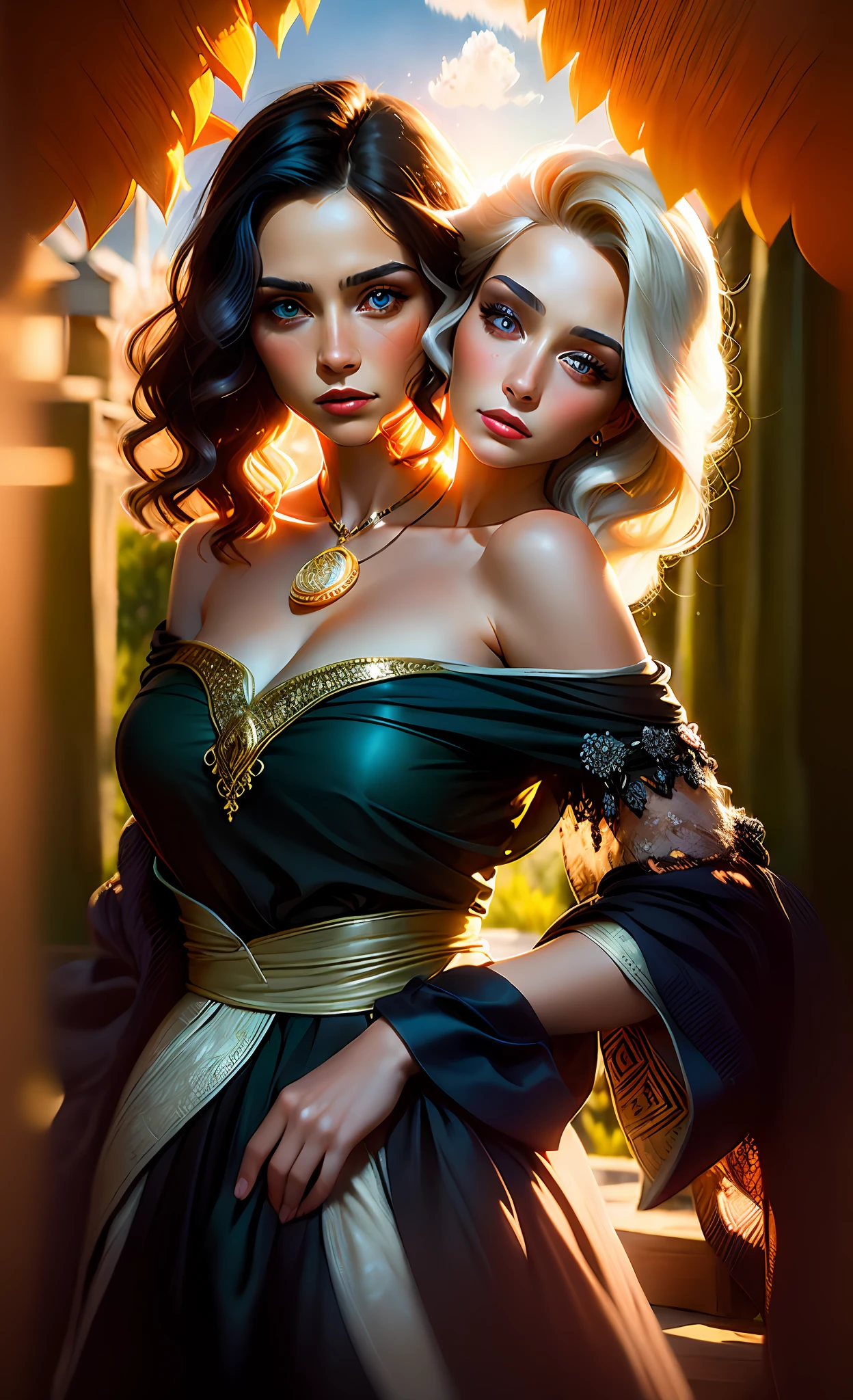 2heads,1 girl, serene expression, mesmerizing eyes, straight long hair, wavy hair,blonde hair, black hair, flowing dress, poised posture, porcelain skin, subtle blush, crystal pendant
BREAK
golden hour, (rim lighting):1.2, warm tones, sun flare, soft shadows, vibrant colors, painterly effect, dreamy atmosphere
BREAK
scenic lake, distant mountains, willow tree, calm water, reflection, sunlit clouds, peaceful ambiance, idyllic sunset, ultra detailed, official art, unity 8k wallpaper
, zentangle, mandala