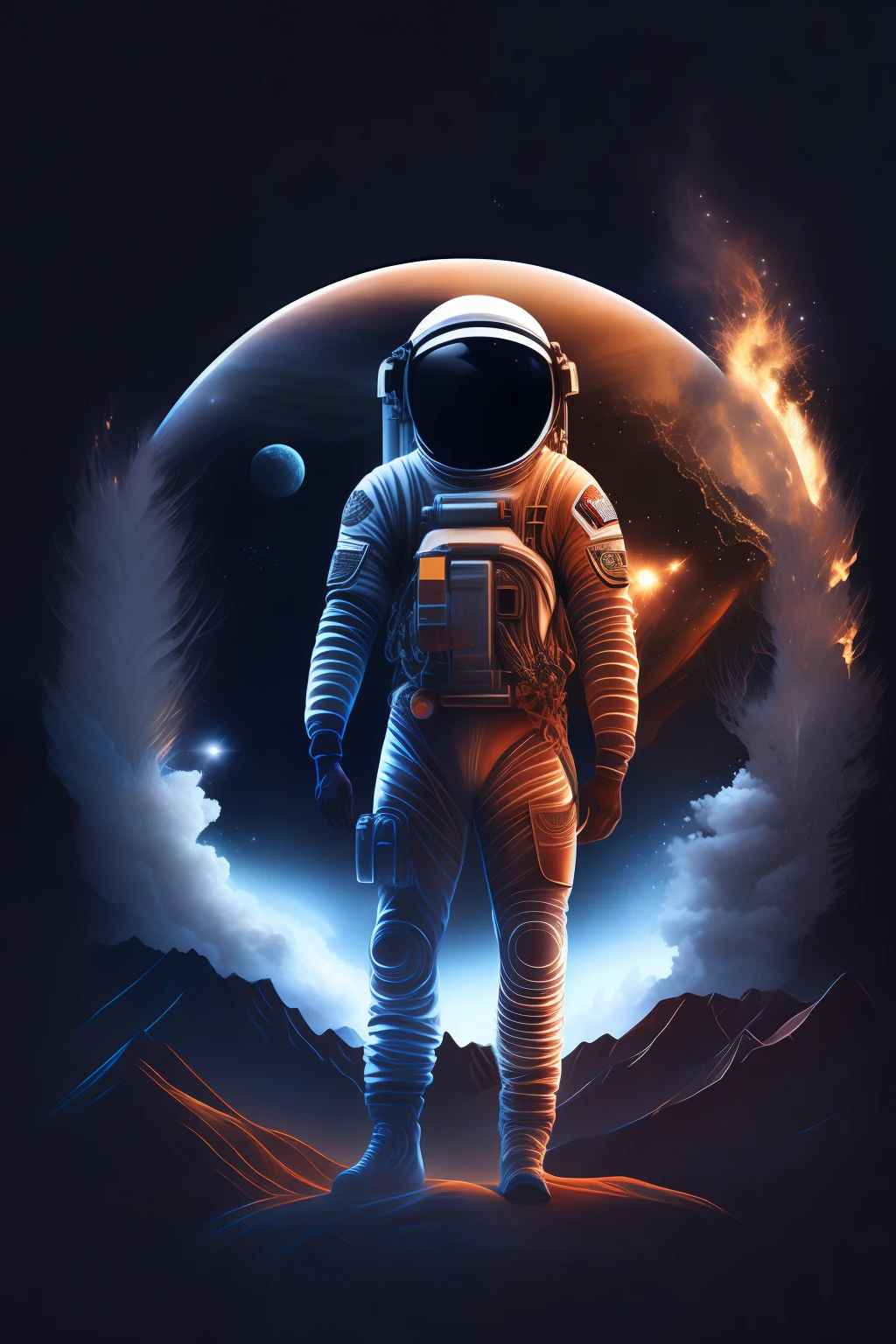 An astronaut and a landscape with fire and dry branches and a planet in outer space with stars, dinamic pose, (arte em Preto e branco), (Corrected hand anatomy), corpo inteiro, (anatomia humana corrigida), design de camiseta, rzminjourney, (anatomia perfeita), arte vetorial.