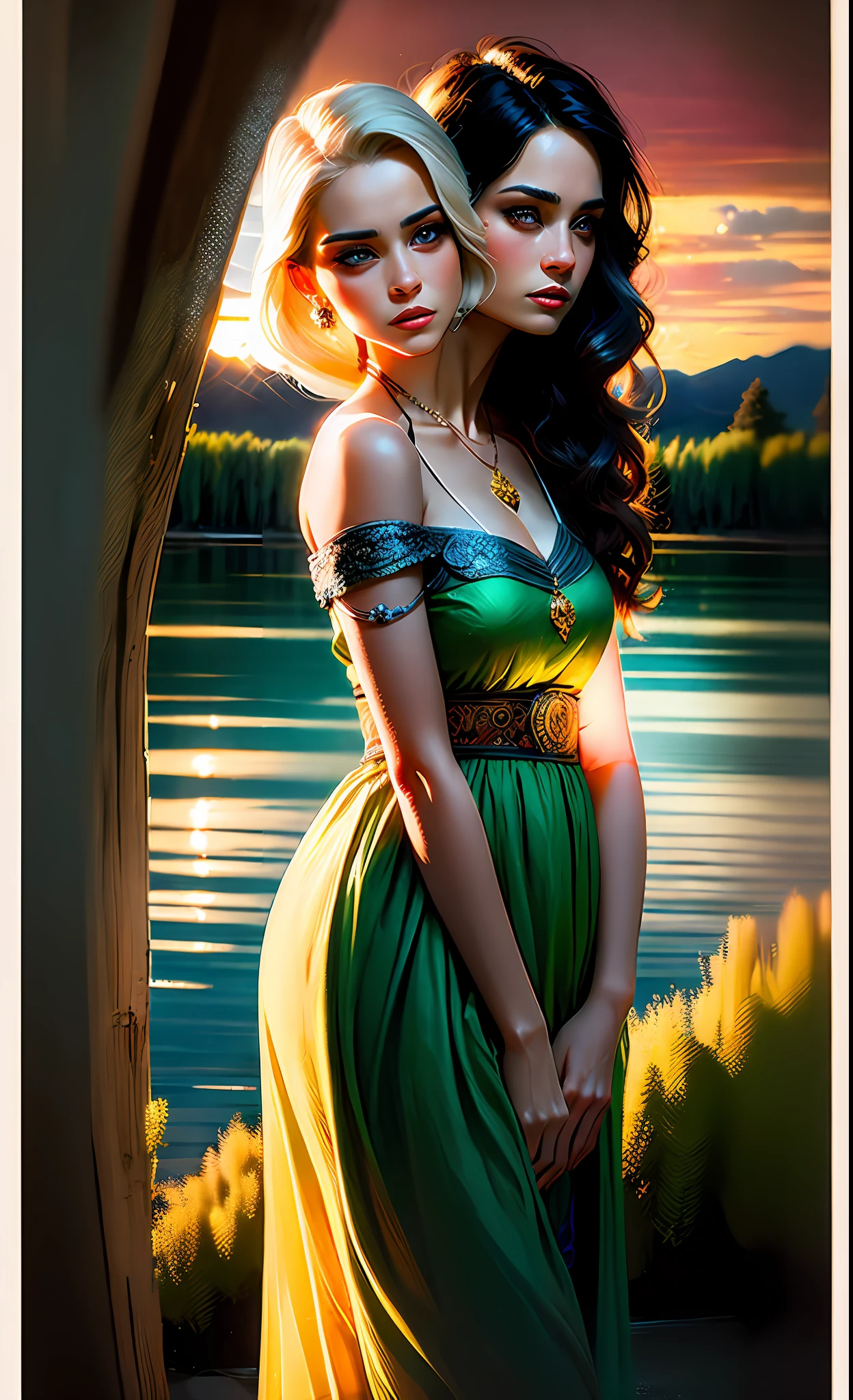 2heads,1 girl, serene expression, mesmerizing eyes, straight long hair, wavy hair,blonde hair, black hair, flowing dress, poised posture, porcelain skin, subtle blush, crystal pendant
BREAK
golden hour, (rim lighting):1.2, warm tones, sun flare, soft shadows, vibrant colors, painterly effect, dreamy atmosphere
BREAK
scenic lake, distant mountains, willow tree, calm water, reflection, sunlit clouds, peaceful ambiance, idyllic sunset, ultra detailed, official art, unity 8k wallpaper
, zentangle, mandala
