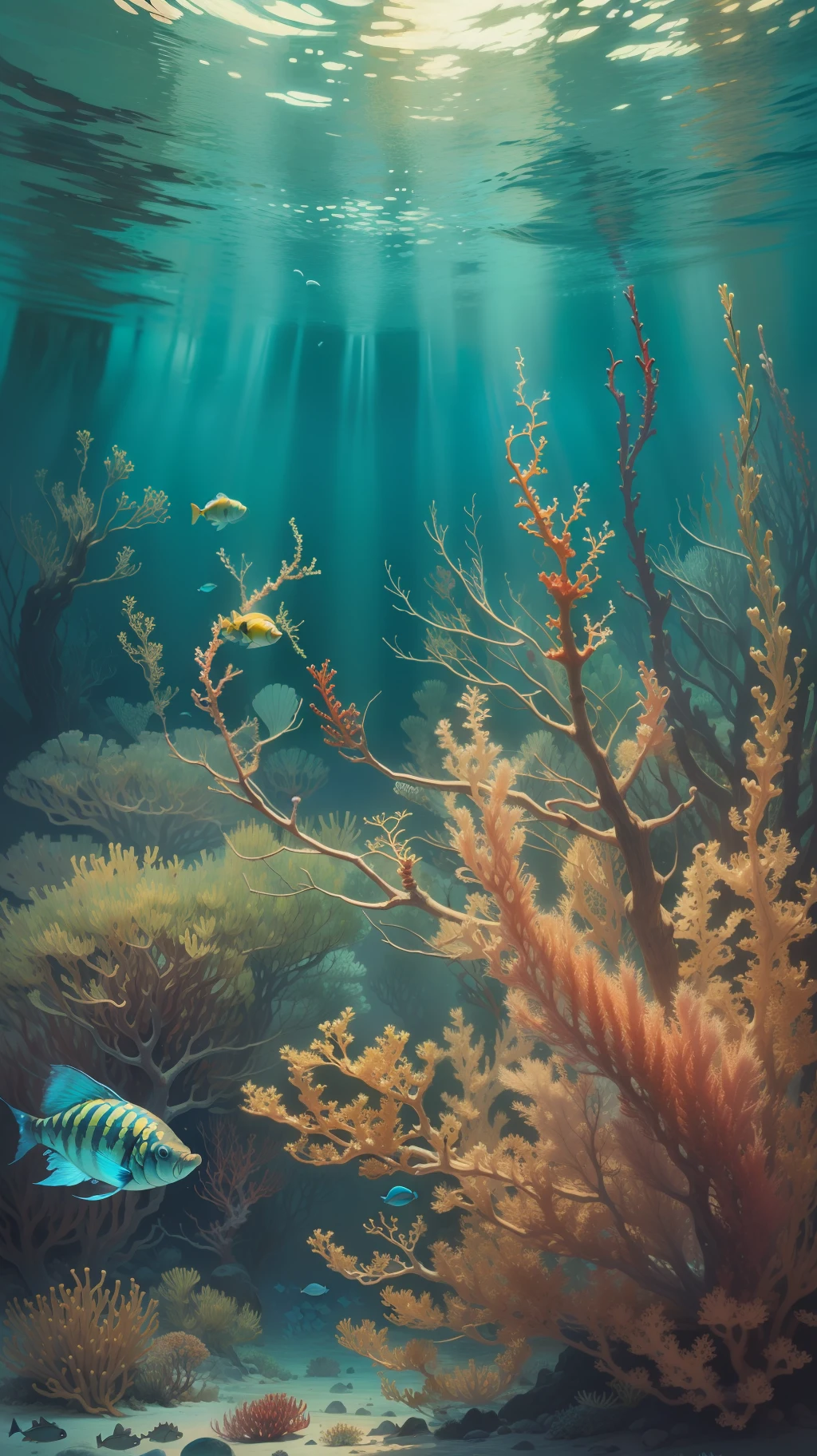 Van Gogh-style underwater world,All kinds of strange fish,Red coral,realistic detail