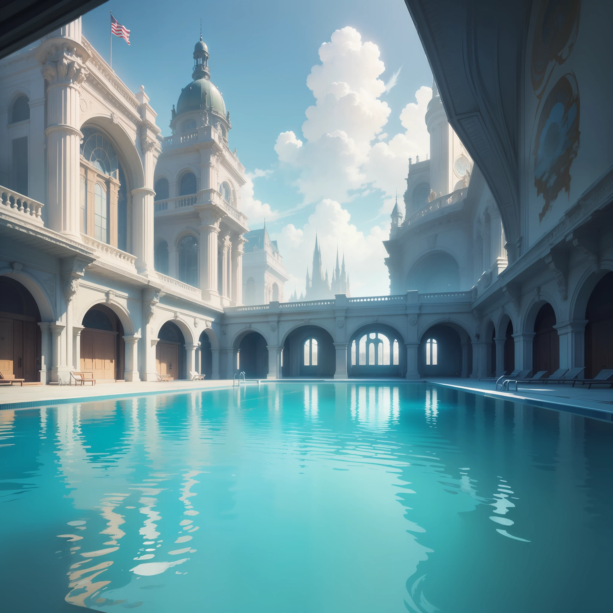 Empty pool、Huge pool in a beautiful sci-fi world、Amazing illustrations of the highest quality and ultra high resolution。Waterslide