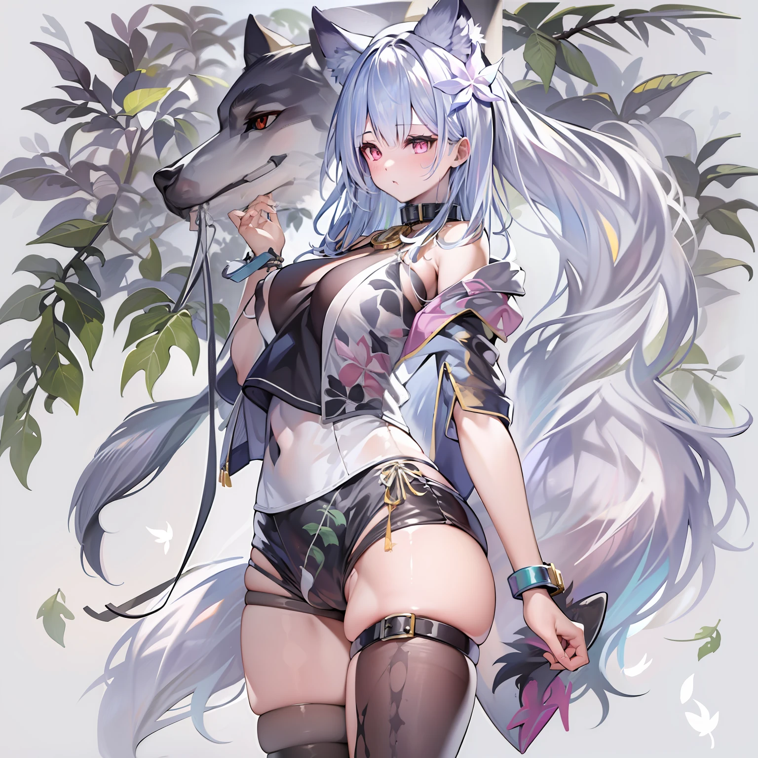 ((Masterpiece)), (Best Quality), Solo, miosha1, hair ornament, ponytail, wolf tail, swimsuit, white shorts, thigh strap, black jacket, leaf print, collar, string bikini, (NSFW:1.2)