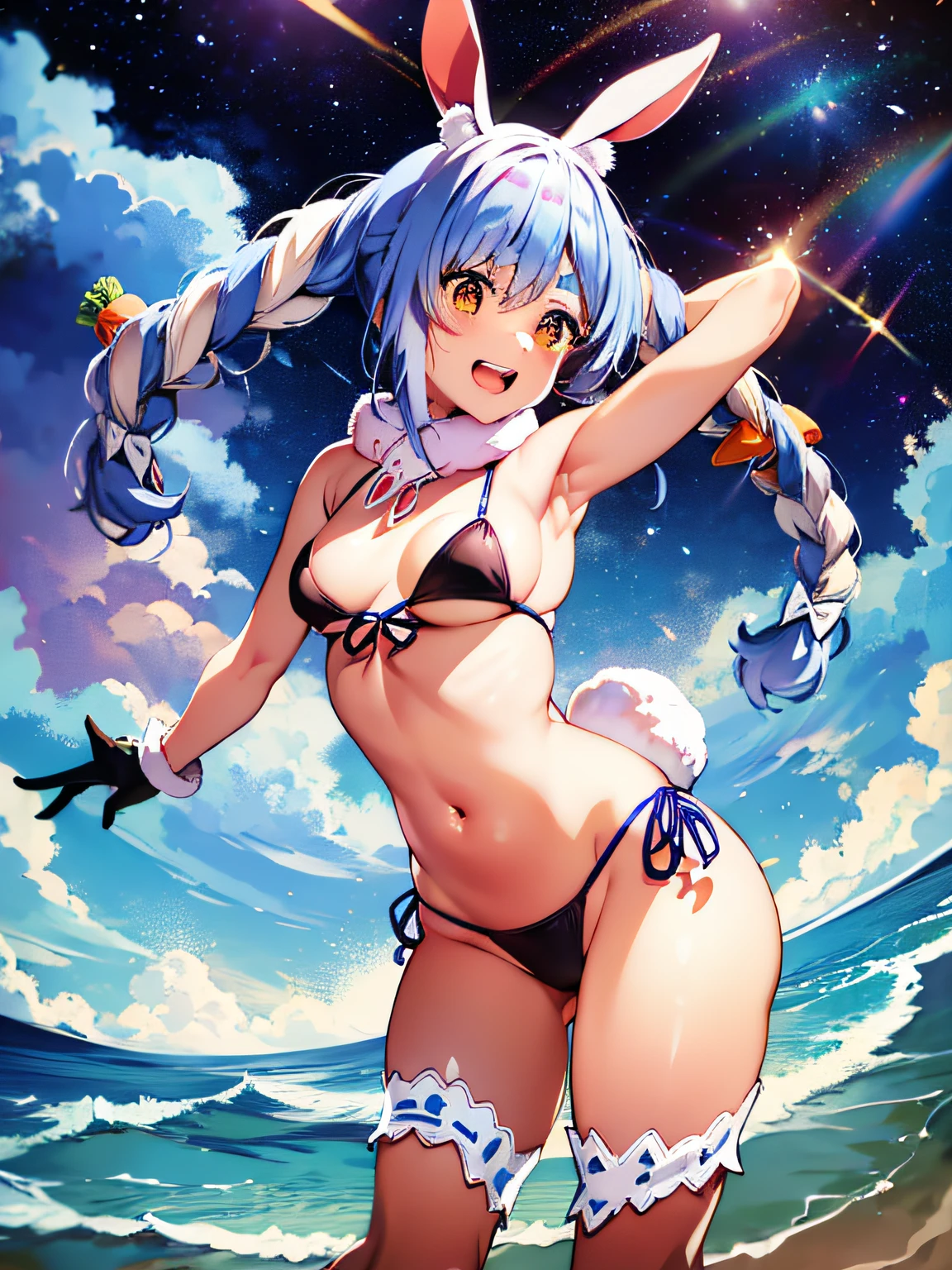 pekora1, rabbit-shaped pupils, (flat color:1.0), blue hair, rabbit ears, open arms, full body, masterpiece, best quality, absurdres, perfect antomy, 1girl, solo, middle breasts, standing, outdoor, sea, beach, full body, micro bikini, thong, g-string, thong swimsuit, side-tie bikini bottom, cowboy shots, smile, open mouth, embarrassed,