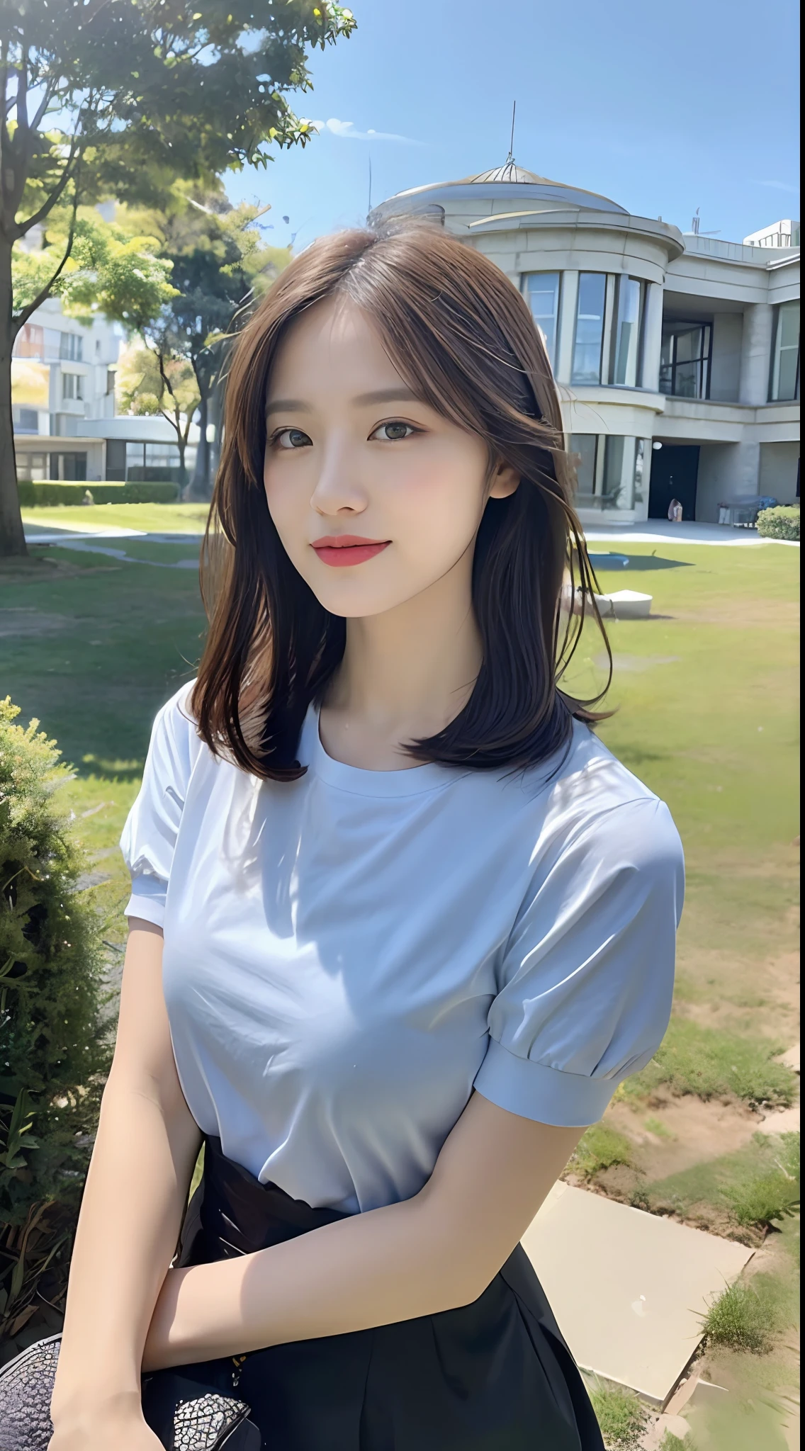 ((Best Quality, 8K, Masterpiece: 1.3)), Focus: 1.2, Perfect Body Beauty: 1.4, Buttocks: 1.2, (Layered Haircut: 1.2)), (Dark Street: 1.3), Highly detailed face and skin texture, Fine eyes, Double eyelids, Whitened skin, Long hair, (Round face: 1.5), (Short sleeves, Dress: 1.6) Sitting on the grassland with blue sky and white clouds in the background, wearing a bracelet on his hand