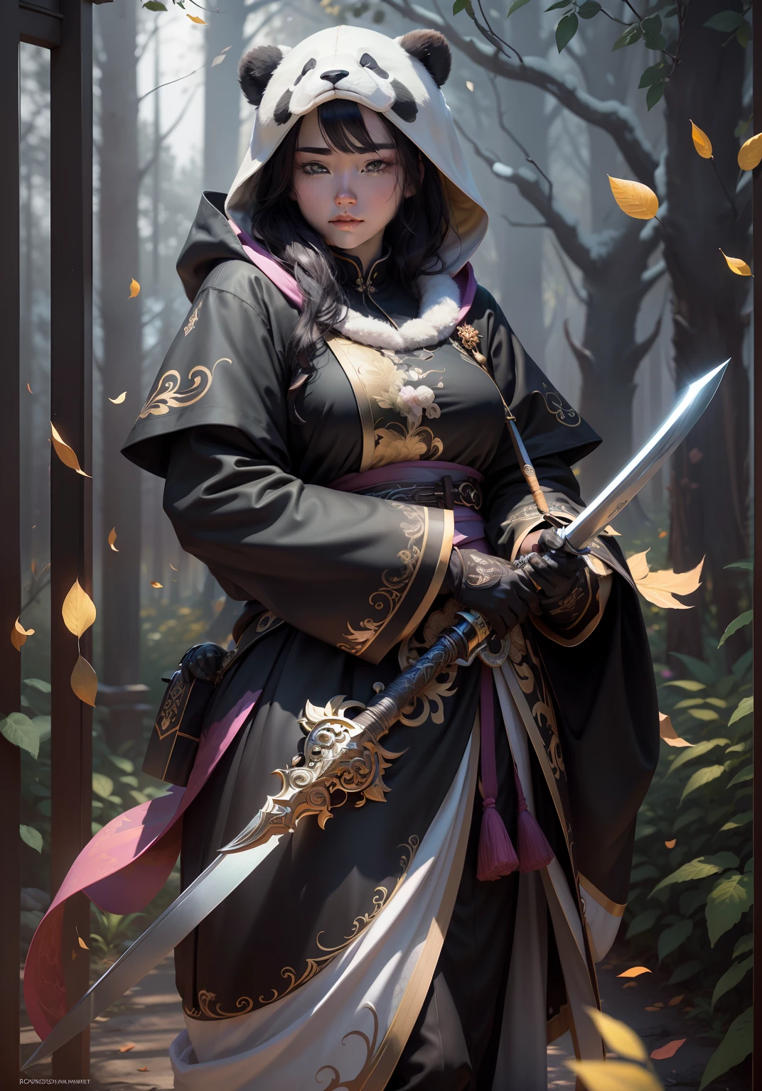 beautiful woman facing the camera black hair asian eyes, wearing a black and white panda hood holding a long gleaming sword silver and gold and long hilt Masterpiece, an abondance of pink rose embroidery sown into her clothes, best quality, high quality, highly detailed CG unity 8k wallpaper beautiful landscape oil painting, award winning photography, bokeh, depth of field, HDR, bloom, chromatic aberration, photorealism, highly detailed, trending on artstation, on CGsociety Trending, intricate, high detail, dramatic, midjourney art and masterpiece, best quality, high quality, extremely detailed CG unity 8k wallpaper lush summer landscape with rolling green hills stretching towards the horizon, dotted with pink, yellow wildflowers, and purples, volumetric lighting and masterpiece, best quality, high quality, extremely detailed CG unity 8k wallpapers serene autumn landscape surrounded by trees in shades of golden yellow, fiery red and burnt orange. The crisp air is laced with the sweet aroma of fallen leaves and wood smoke. a cute panda bear in the background Negative Prompts --auto