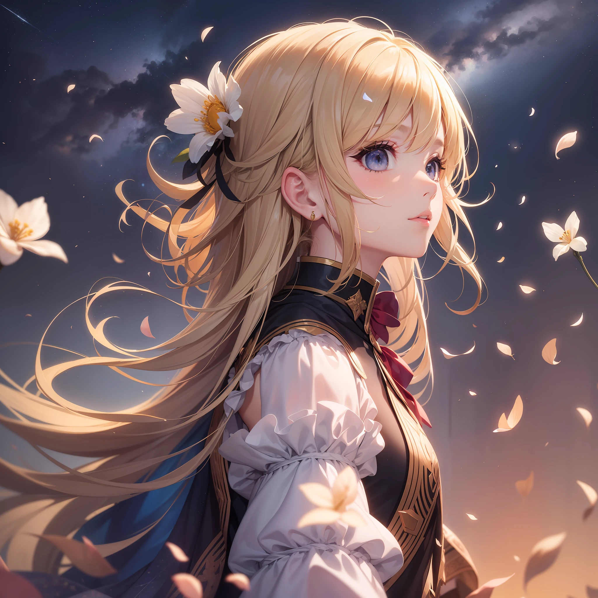 (Best Quality, Masterpiece), 1girl, Pose, Particle, Wind, Flower, Face Effects, Simple Background, Looking at the Audience, Cute Girl, Milky Way,