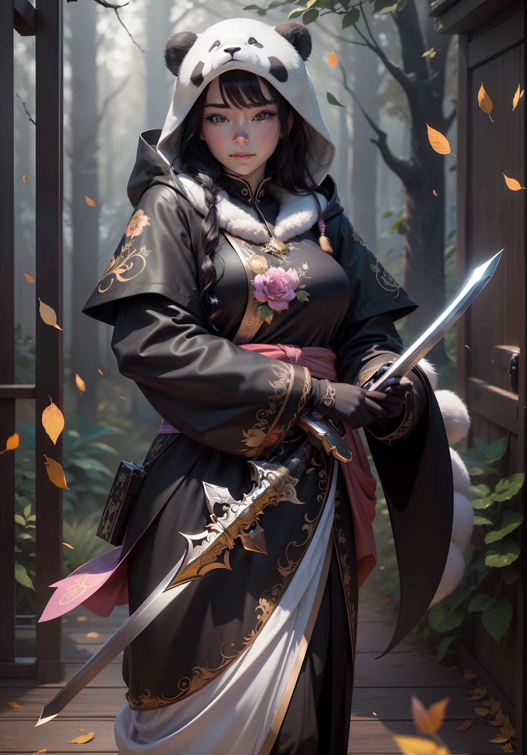 beautiful woman facing the camera black hair asian eyes, wearing a black and white panda hood holding a long gleaming sword silver and gold and long hilt Masterpiece, an abondance of pink rose embroidery sown into her clothes, best quality, high quality, highly detailed CG unity 8k wallpaper beautiful landscape oil painting, award winning photography, bokeh, depth of field, HDR, bloom, chromatic aberration, photorealism, highly detailed, trending on artstation, on CGsociety Trending, intricate, high detail, dramatic, midjourney art and masterpiece, best quality, high quality, extremely detailed CG unity 8k wallpaper lush summer landscape with rolling green hills stretching towards the horizon, dotted with pink, yellow wildflowers, and purples, volumetric lighting and masterpiece, best quality, high quality, extremely detailed CG unity 8k wallpapers serene autumn landscape surrounded by trees in shades of golden yellow, fiery red and burnt orange. The crisp air is laced with the sweet aroma of fallen leaves and wood smoke. a cute panda bear in the background Negative Prompts --auto